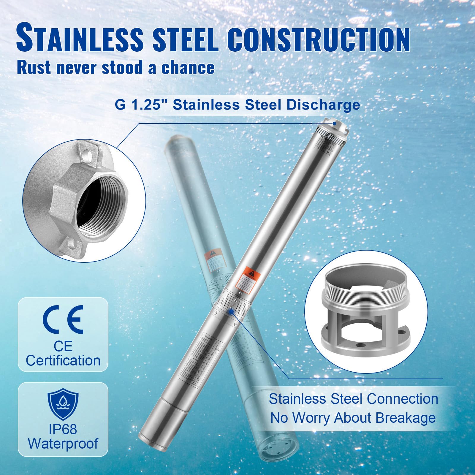 VEVOR Pompe Immergée pour Puits Profond, 1100 W, Pompe à Eau Acier Inoxydable, Débit 7,1 m³/h, 105 m, avec Cordon Électrique 19,4 m, Pompe Étanche IP68 pour Usage Domestique, Irrigation Industrielle