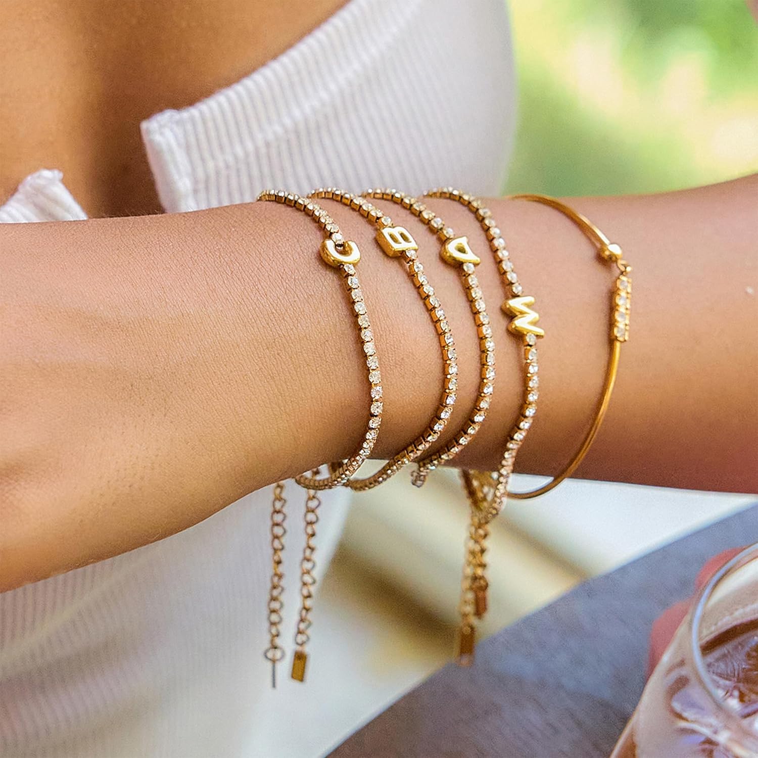 Valentine's Day Gifts for Women - Dainty Gold Initial Bracelets, Trendy Personalized Gold Letter Charm Bracelet, Statement Simple Rhinestones Jewelry | Birthday Gift for Women - Image 3