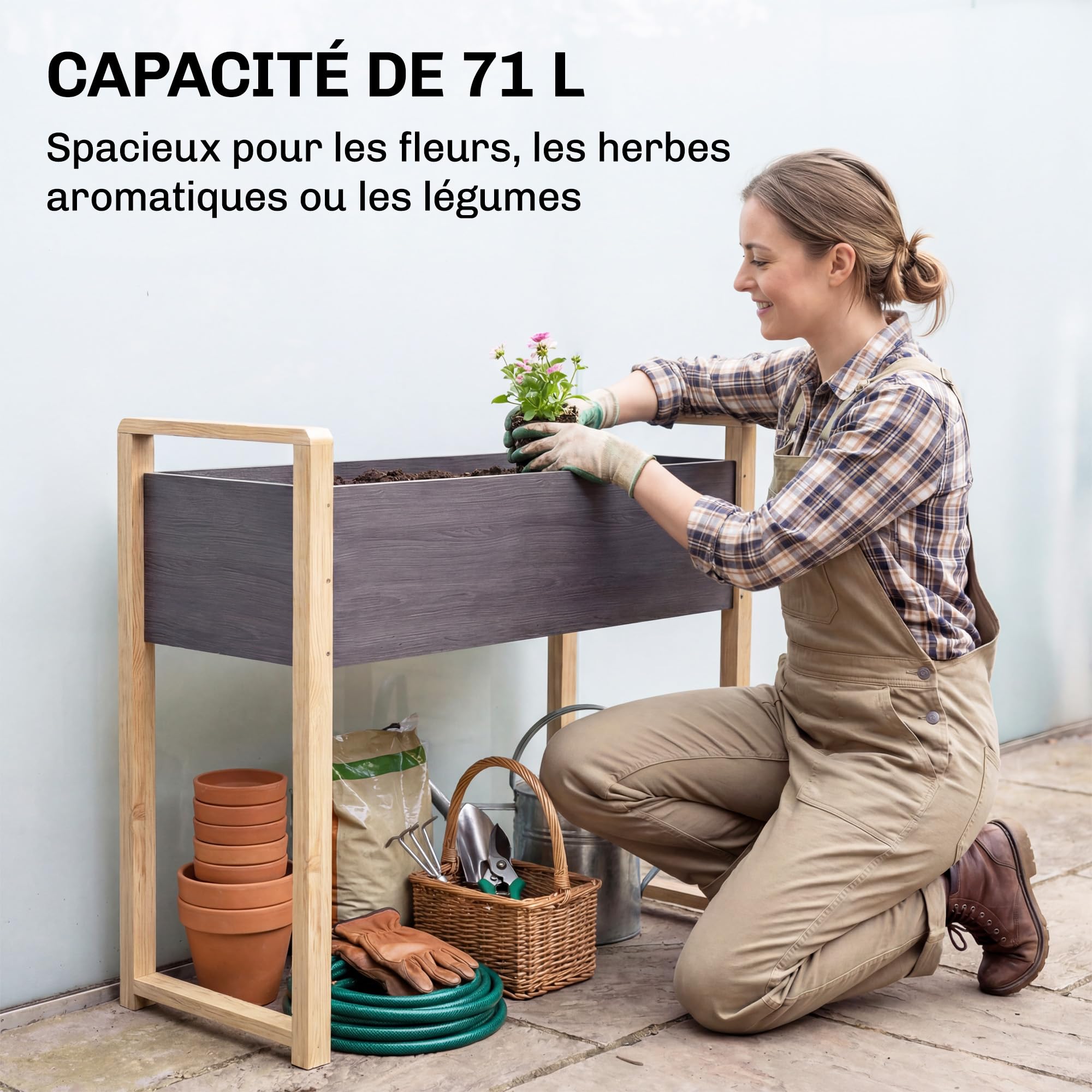Outsunny Carré Potager avec Pieds en Bois Surélevé 98 x 37 x 90 cm Gris | Jardinière Extérieure, Grande Taille, 4 Trous de Drainage, Tissu Non Tissé, pour Légumes, Fleurs
