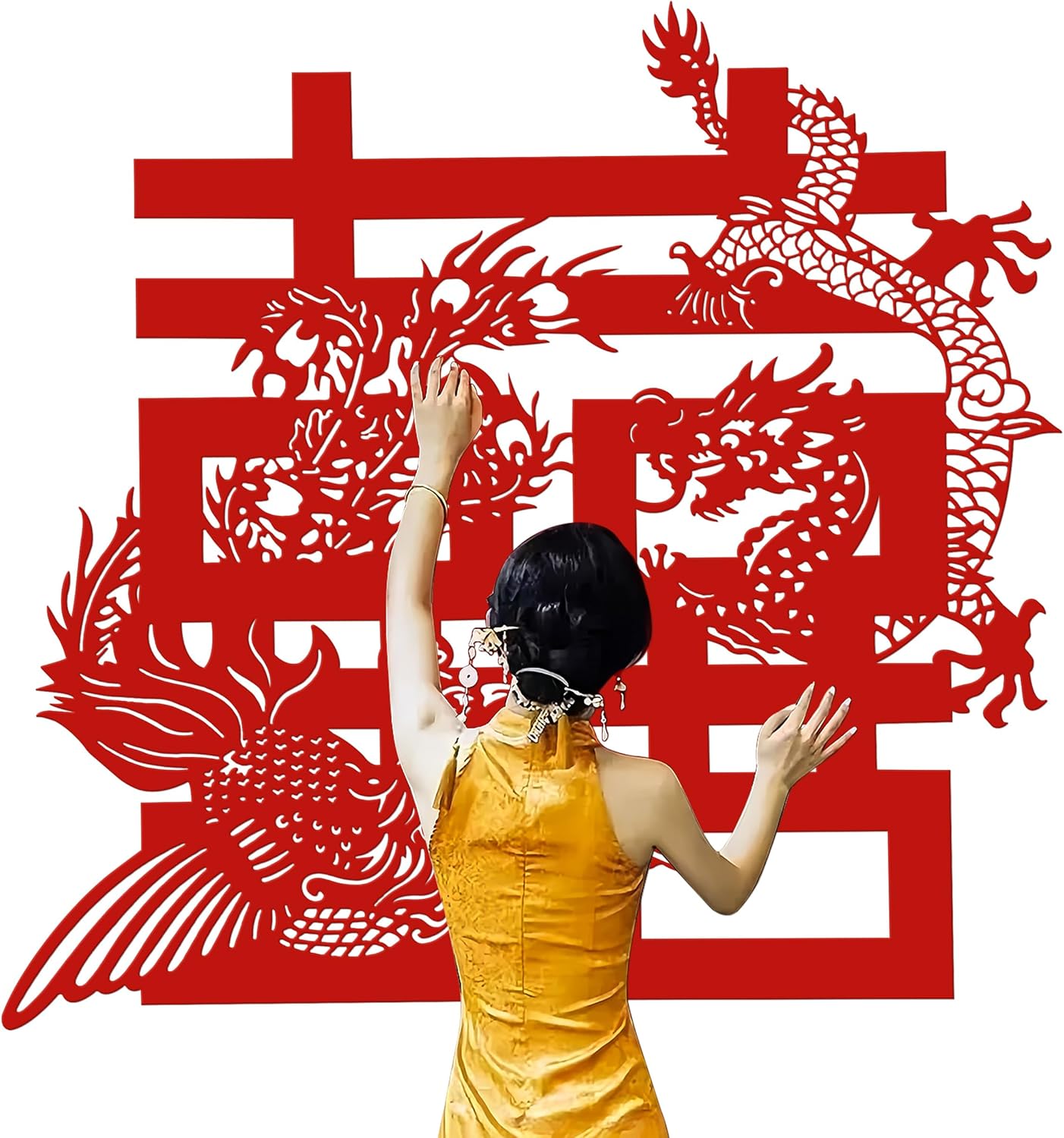 HannaFires 47-Inch Extra Large 'Double Happiness' Wall Decoration - Dragon and phoenix, Special Wedding Party Decorations, Living Room and Bridal Décor, Chinese Wedding, Meaning Infinite Happiness