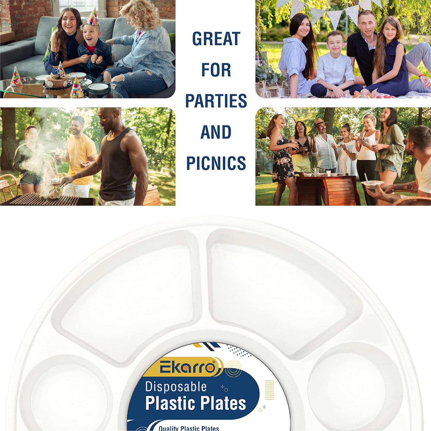 Limited Stock Ekarro Quality Disposable Plastic Plates With 9 Deep Compartments For Party, Picnic, Barbecue, Dinner, and For Any Occasion, Heavy Duty Sturdy Design, Foam and Paper Plates Alternative - 100 Plates