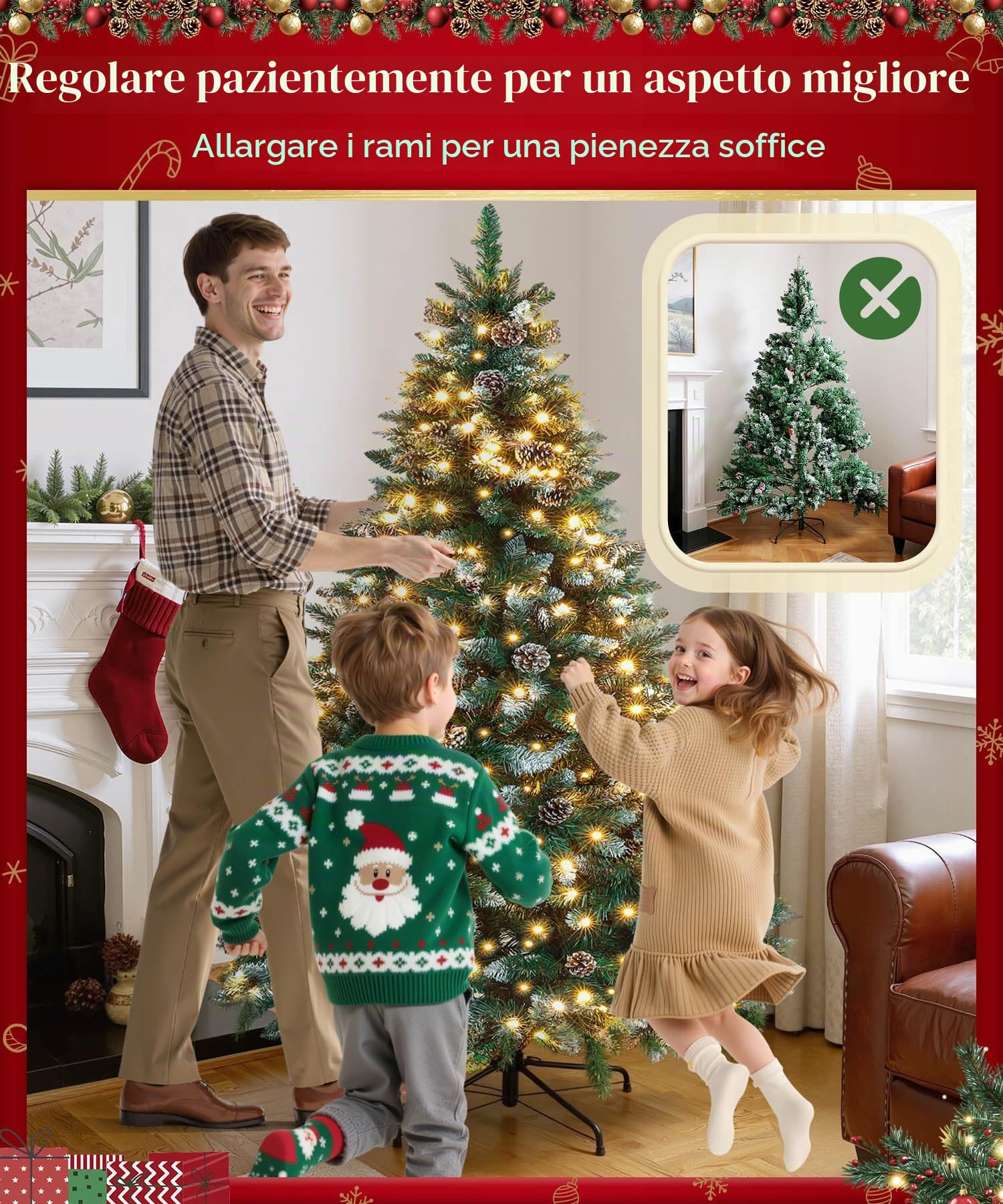 Yorbay Albero di Natale Artificiale con Illuminazione e Neve Bianca, Albero di Natale a LED per Decorazioni Natalizie con Pigne vere, Resistente al Fuoco (210 cm)