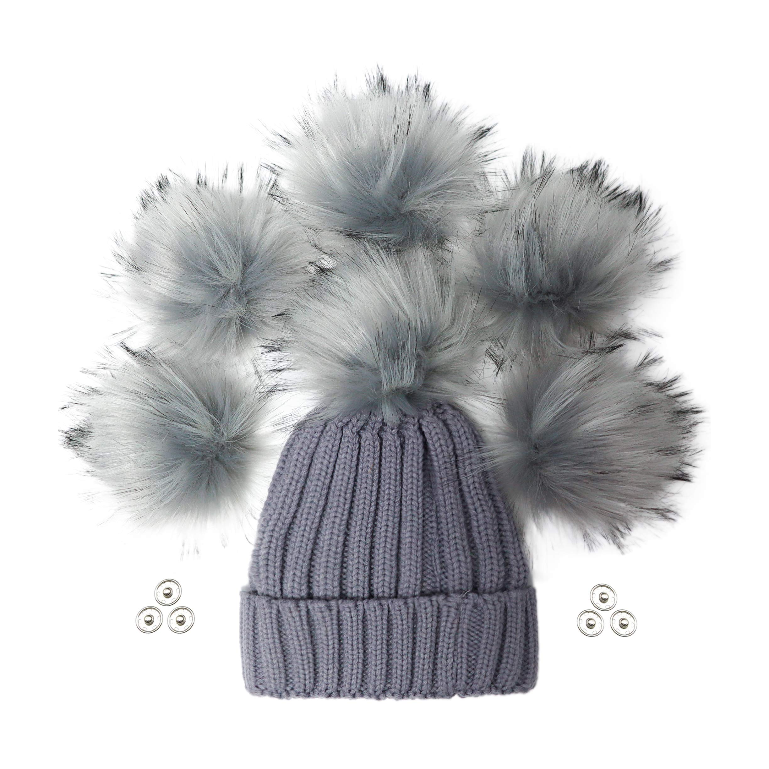 Furryvalley Faux Fur Pompom 6pcs DIY Crafts Fluffy Balls for Hat Shoes Scarves with Snap Fastener Removable Knitting Hat Horse Riding Hat Silk Accessories 6 Inch Extra Large (Gray)