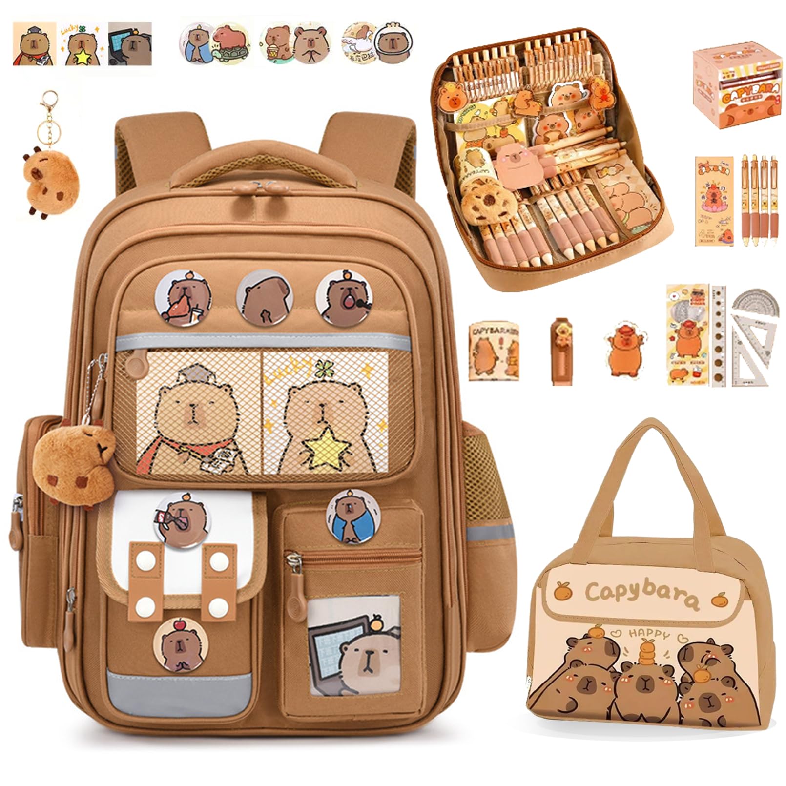 Qiamia Capybara Backpack for School, Full Set Capybara Backpack for Girls & Boys, Capybara Gifts with Pencil Case, Lunch Bag and Pendant
