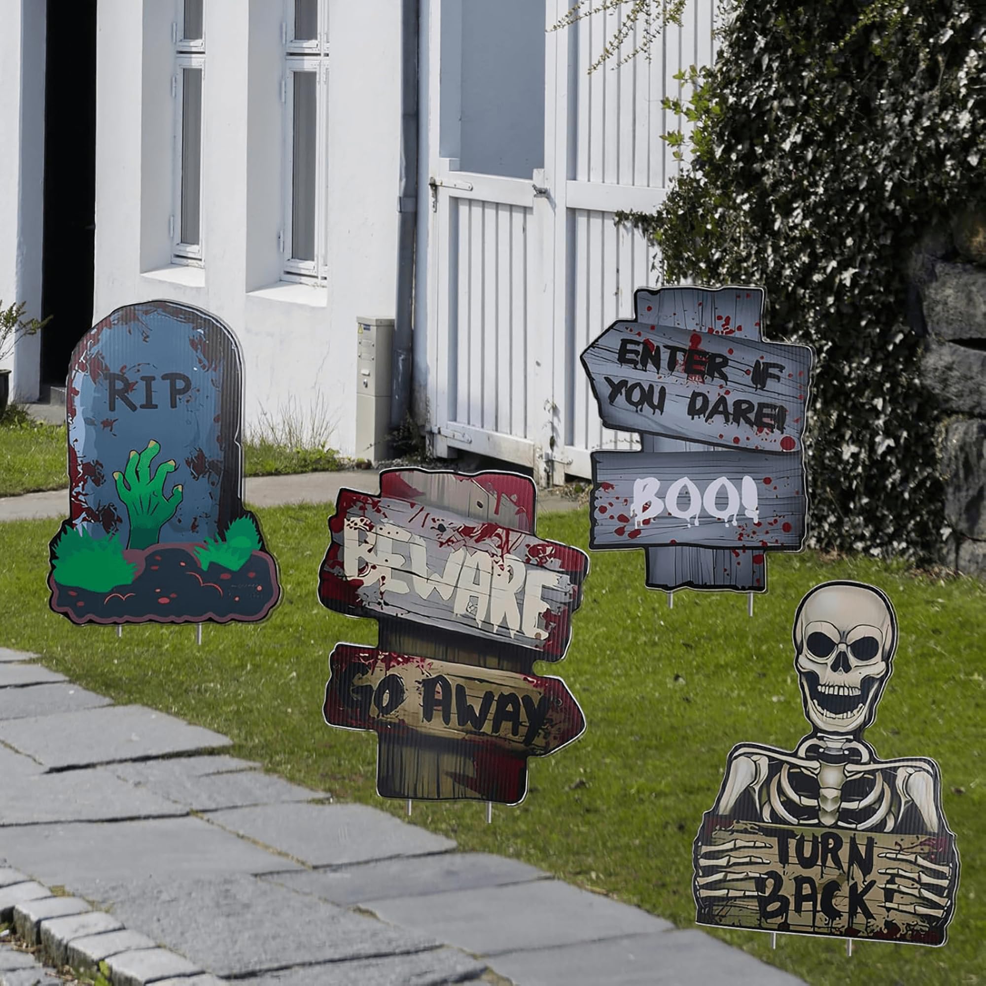 4 Pack Reusable Halloween Yard Signs – Waterproof Outdoor Garden Decorations, Medium Size 28 * 21cm Spooky Ghost Stake Signs for Haunted House or Lawn (Medium Size -4 Pcs)