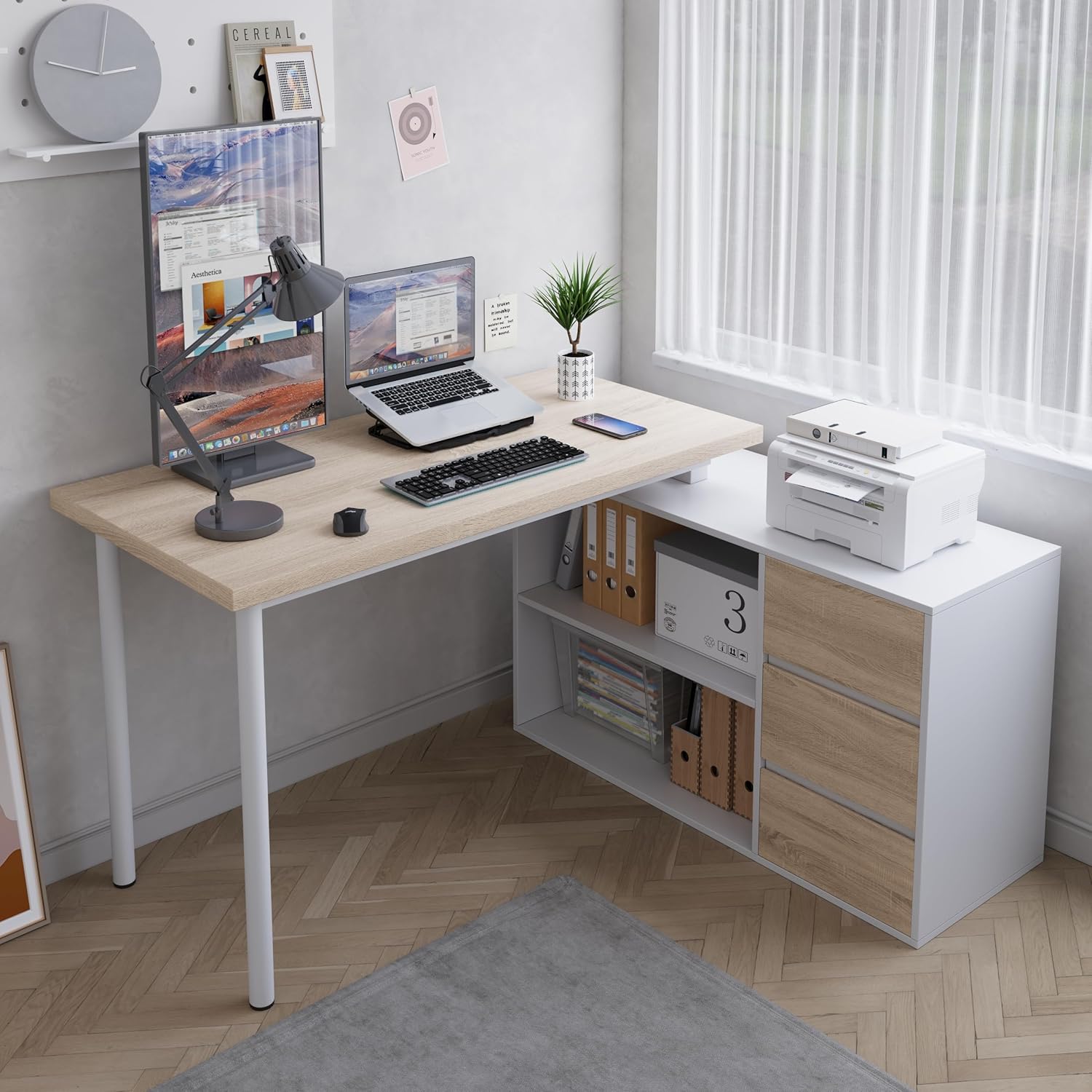 Home Office Computer Desk Corner Desk with 3 Drawers and 2 Shelves, 53-inch L-Shaped Study Desk with Storage, White + Walnut