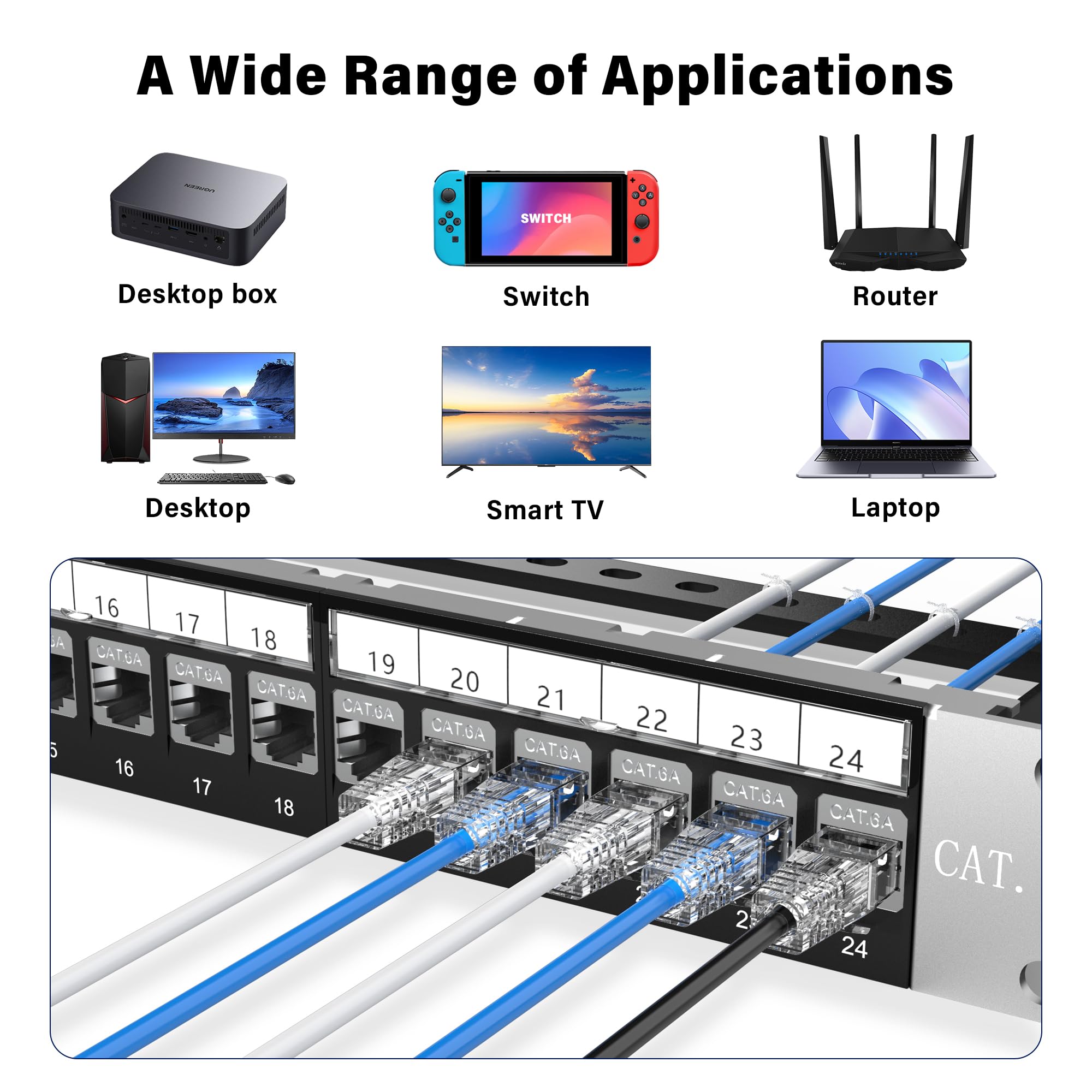Jadaol Cavi patch Cat6A da 0,3 m, confezione da 24 pezzi, supporto per rete Cat8 Cat7, cavo patch Ethernet antigroviglio per connessioni corte, cavo Ethernet sottile flessibile per pannello patch