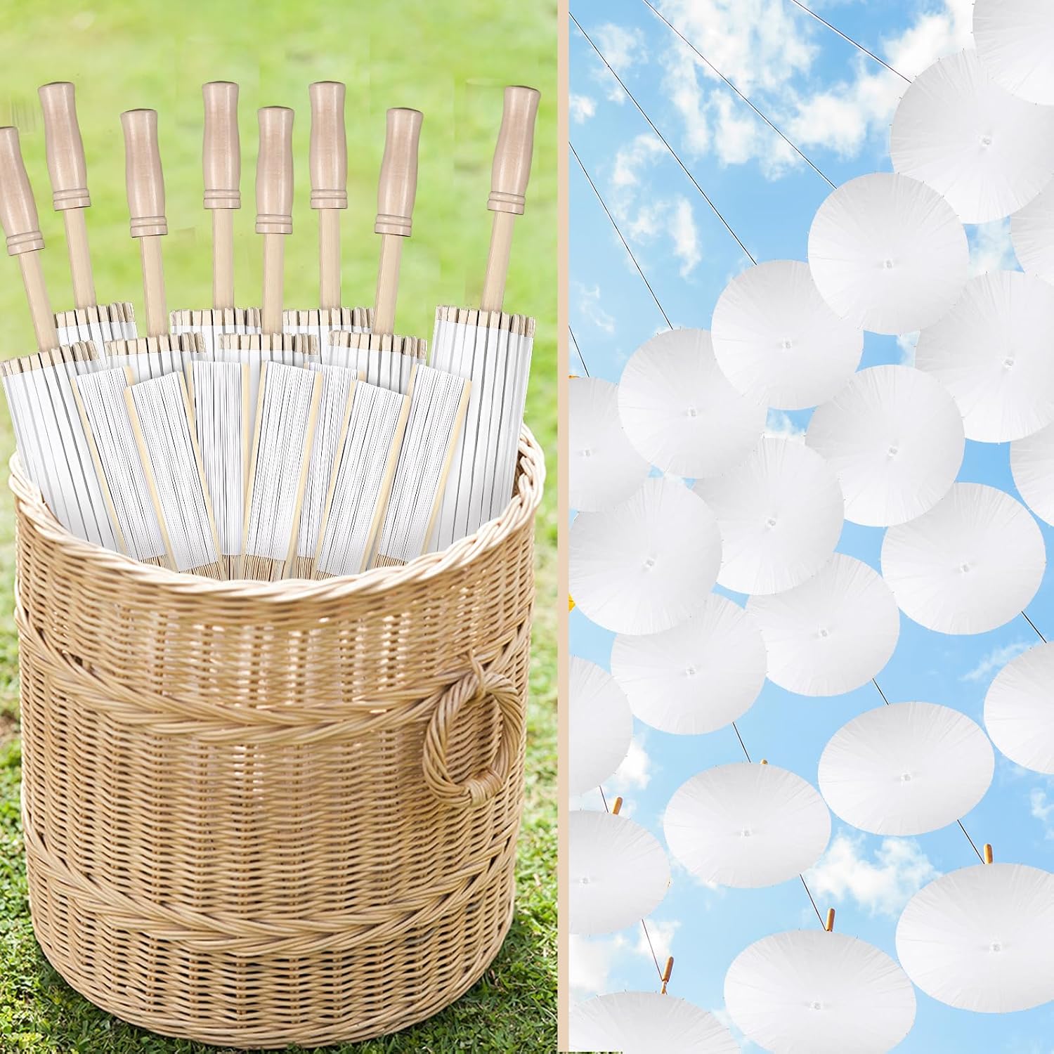 16/24/72/100 Pcs Wedding Paper Parasol Umbrella with Fans, Bamboo Parasol for Bridal Shower Garden Party Decor