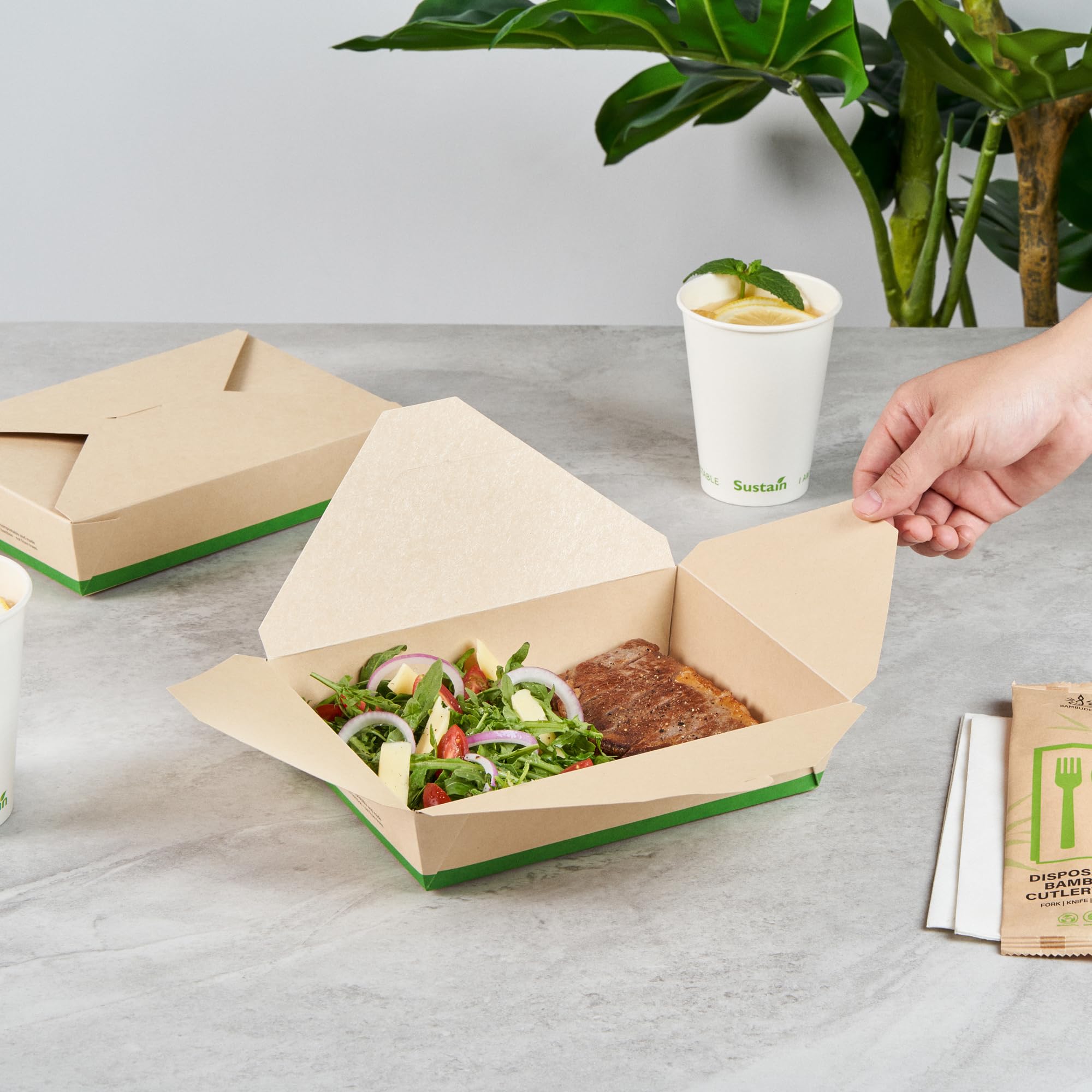 Restaurantware - Stabile Papierboxen zum Herausnehmen von Lebensmitteln, 1,4 l, 200 Einwegbehälter zum Herausnehmen – mit PLA-Futter, kompostierbar, Bambus-Papierbehälter, eingebauter Tab-Lock-Deckel,
