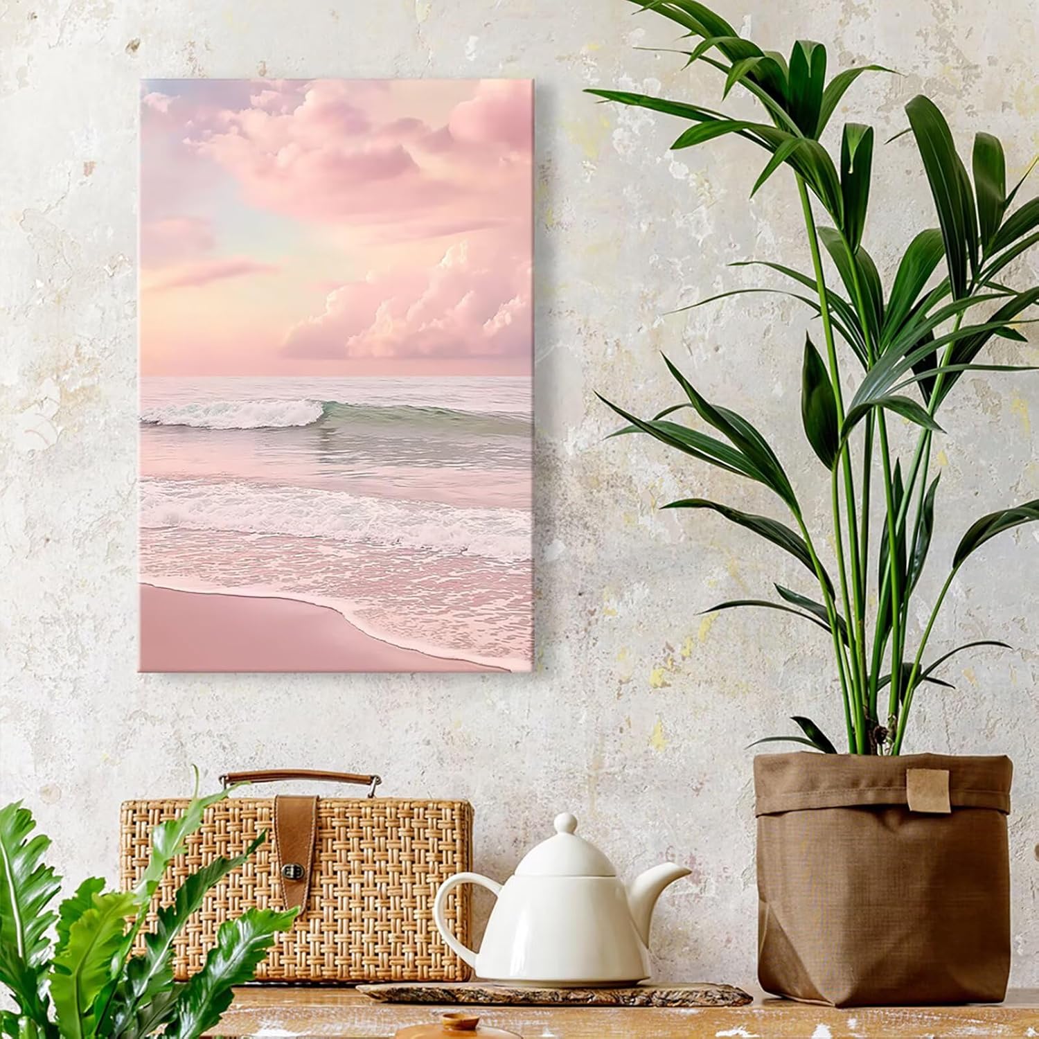 Modern Serene Pastel Pink Beach Picture Print Minimalism Sunset Coastal Wall Art Nature Abstract Aesthetic Ocean Canvas Poster Decor for Bedroom Living Room Coastal Space 24x36inch Unframed