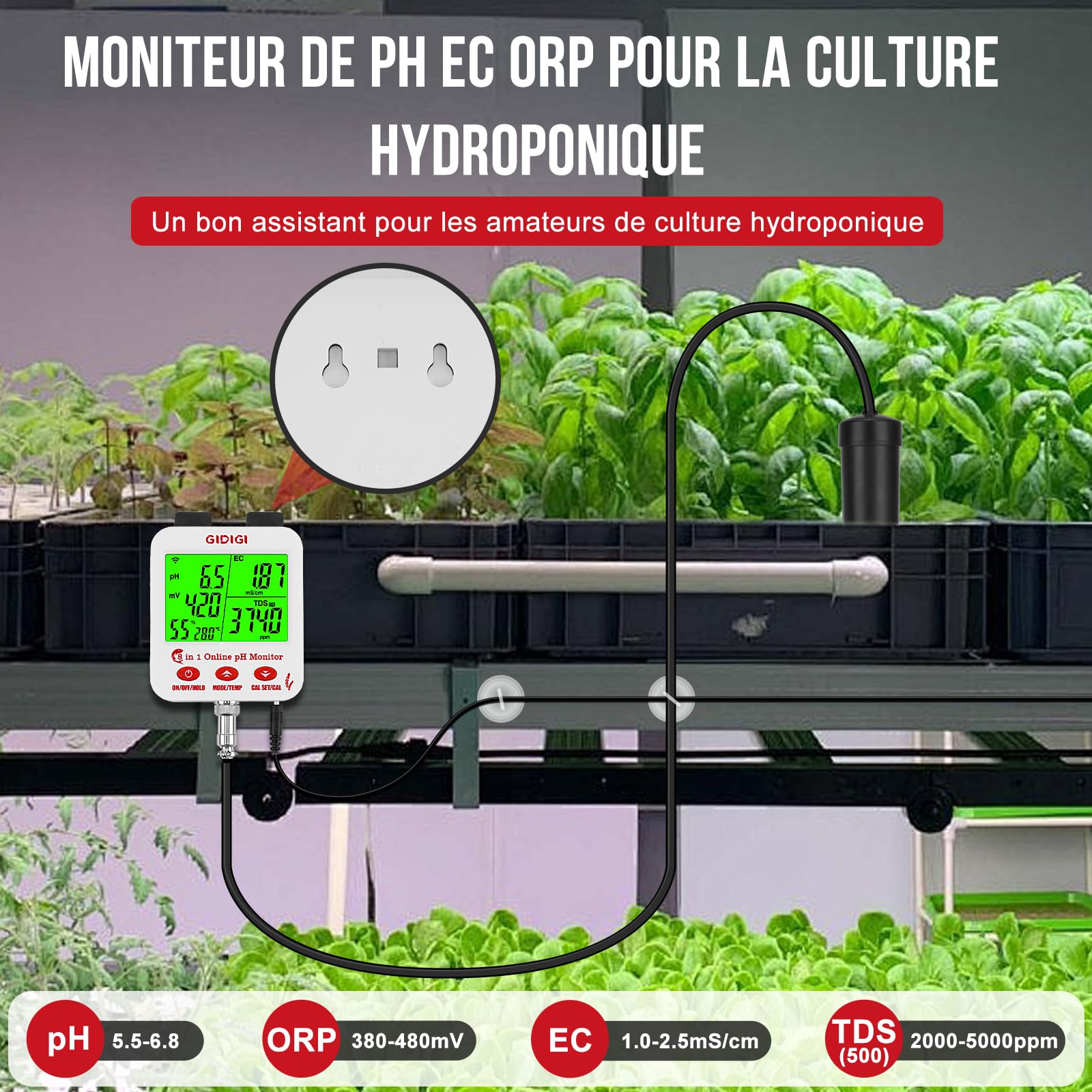 Moniteur de pH et de sel en ligne pour aquarium intelligent 8 en 1 pH TDS EC Sel ORP Humidité CF Température Mètre pour hydroponie Moniteur de pH WiFi Compteur de sel pour aquarium hydroponique