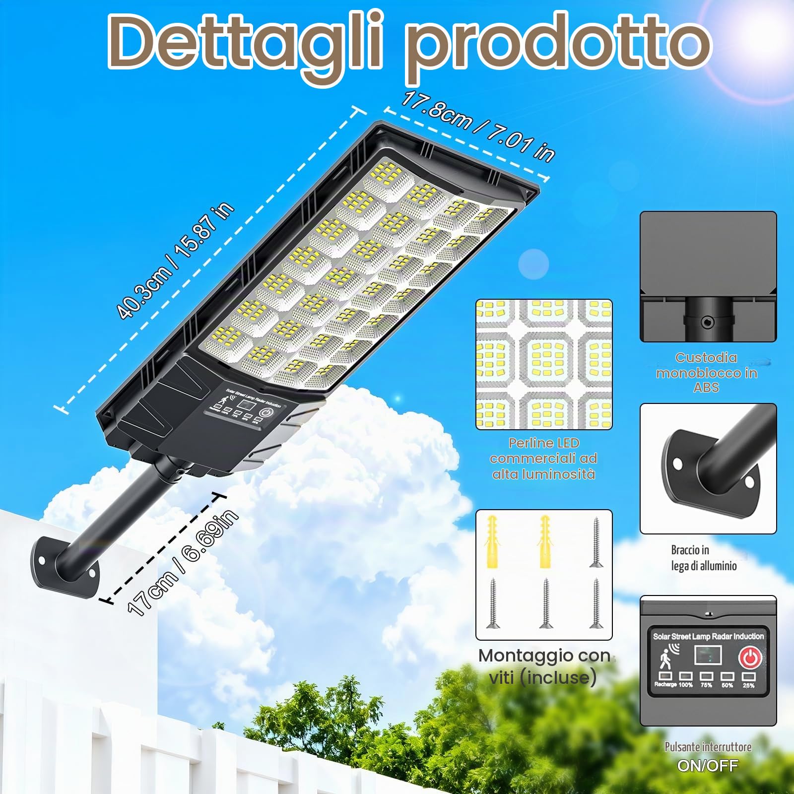 Lampione Solare Led Esterno, 6500K Lampada Stradale Solare con Sensore di Movimento, Telecomando, IP66 Impermeabile Faretto Stradale Solari per Giardino,Strada