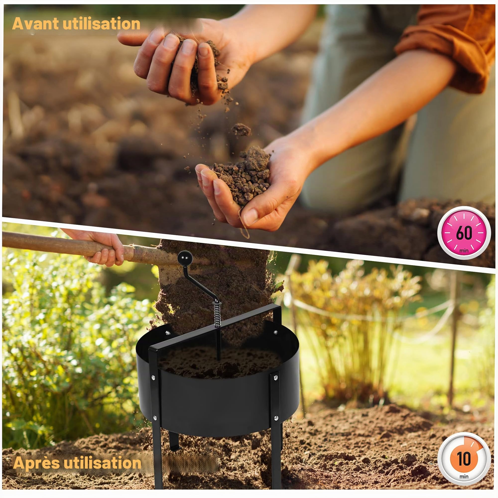 UISEBRT Tamis de jardin - Tamis de sol - Tamis à manivelle - Diamètre : 40 cm - En métal - Pour terre, pierres, compost - Sable - Noir