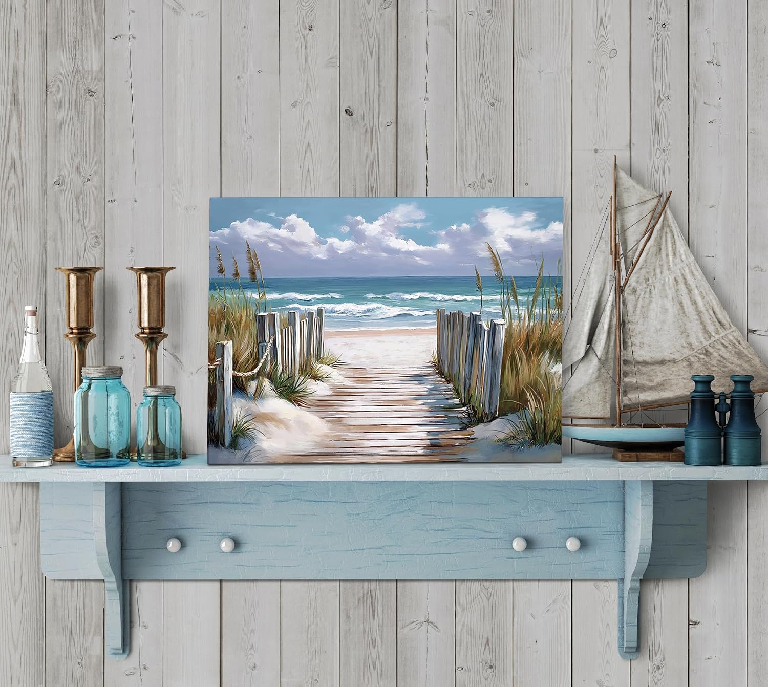 Bathroom beach picture wall art, blue ocean painting decorate bedroom, relax sea view artwork
