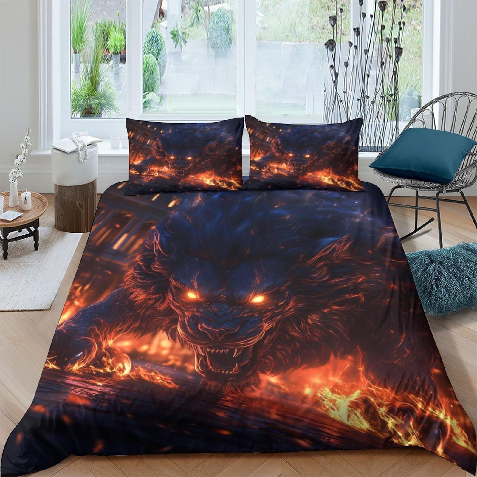 Ctjqhvkz Style-2 3D Printed Fire Wolf Fitted Sheet Microfiber Anti-Slip Flame Shadow Mattress Cover Bedroom Decor Dustproof Single（135X200cm）