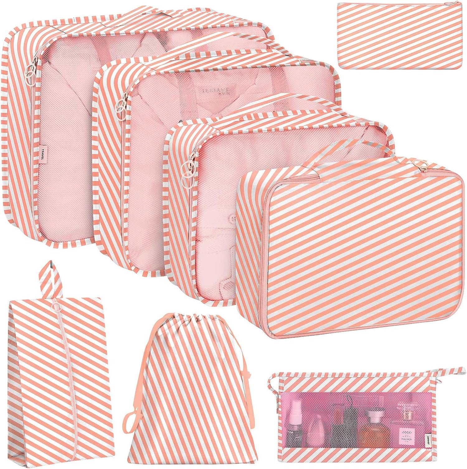 8pcs Set Travel Organizer Packing Cubes Lightweight Travel Luggage Organizers with Laundry Bag or Toiletry Bag (Pink Stripes)-image-15
