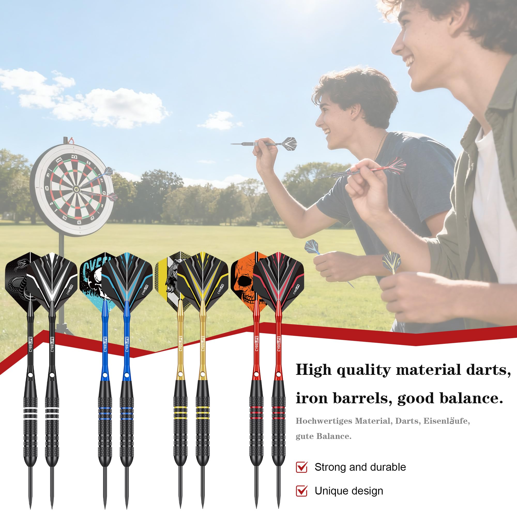 CyeeLife Fléchettes avec Pointe Métallique, 12 Professionnelles Fléchettes Pointe Acier, Set de Fléchettes avec tiges en Aluminium, Vols, aiguiseur, Outil avec Joints en Caoutchouc