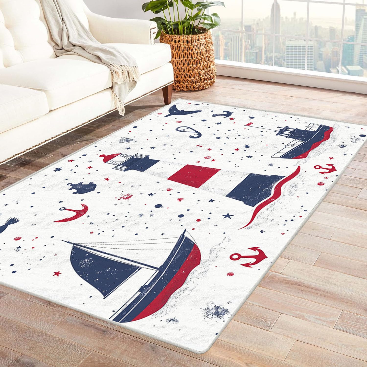 Tapis de salon moderne lavable motif géométrique bleu pour chambre et balcon