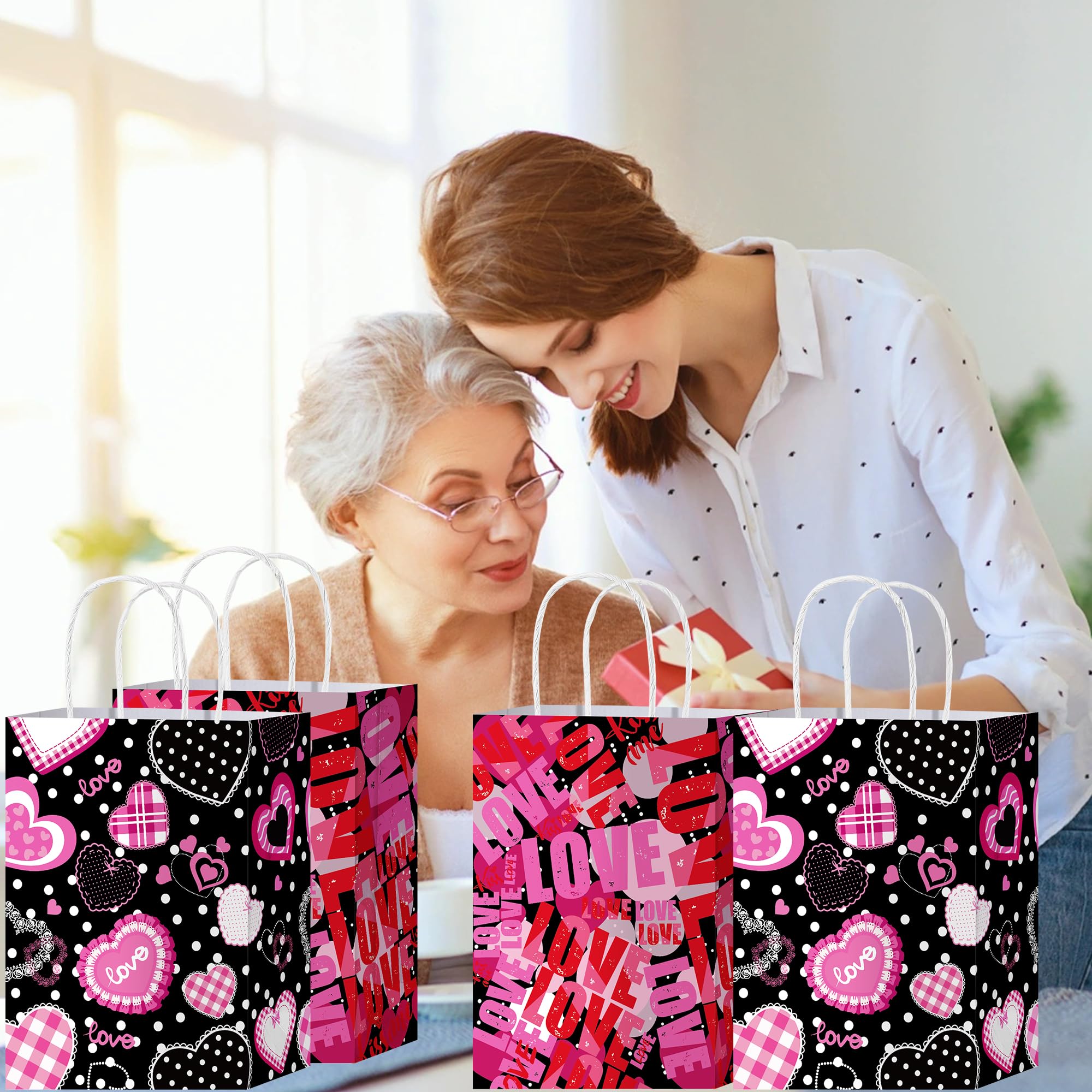 W WINTMING 12PCS Mother Day Gift Bag with Handles Love Pink Red Mother's Day Bags Valentines Goodie Bags for Anniversary Mother’s Day Gift Wrapping Bag