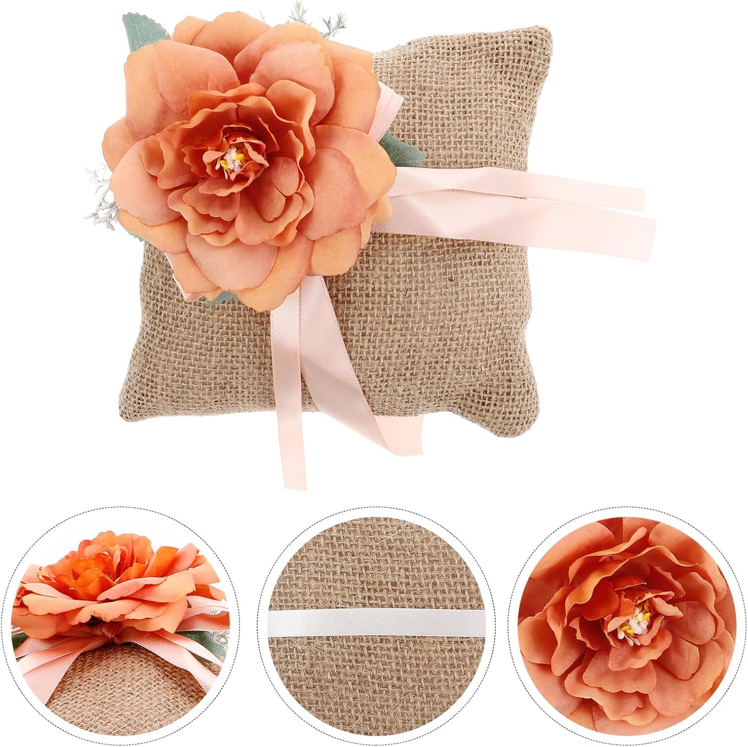 Rustic Wedding Ring Pillow Set Square Linen Ring Bearer Cushion in Orange for Wedding Party and Engagement Ceremony