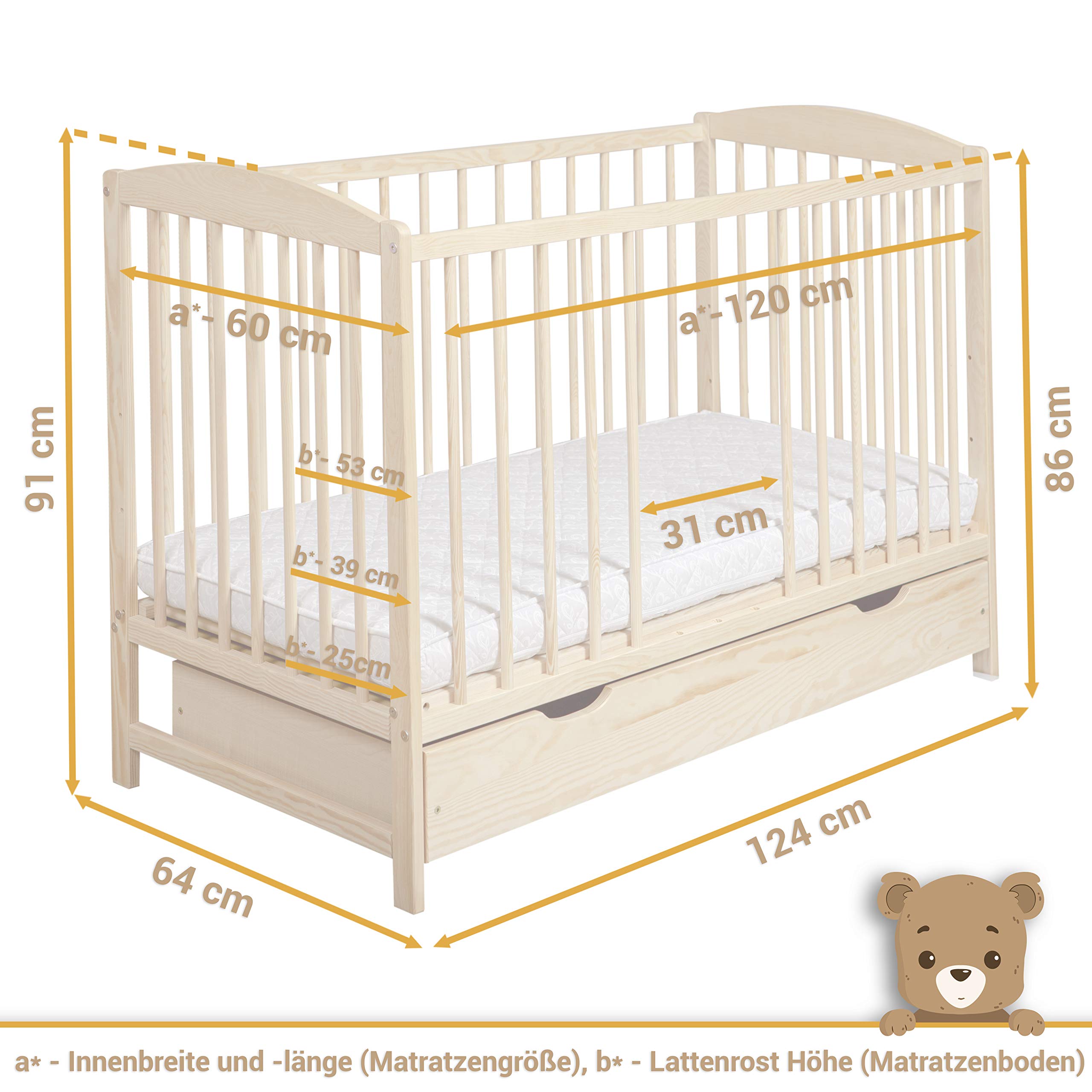 moto-MOLTICO Kinderbett Babybett 60x120 cm – Gitterbett mit Schublade, Höhenverstellbarem Lattenrost und Schlupfsprossen, Umbaubar zum Juniorbett