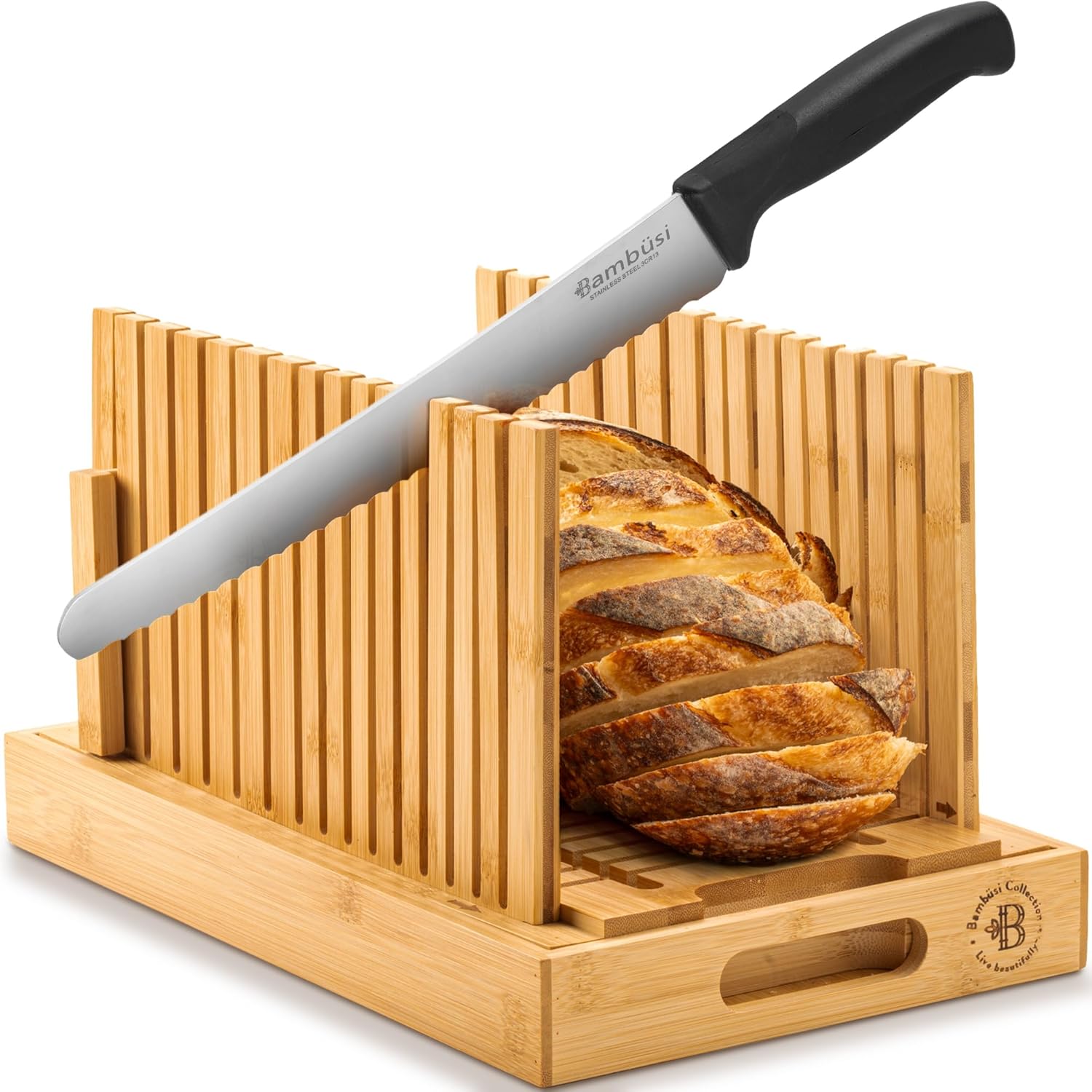 Bread Slicer for Homemade Bread with 10-Inch Serrated Bread Knife – Adjustable Width Bamboo Bread Cutter for Loaves, Bagels, Cakes – Cutting Guide with Crumb Tray