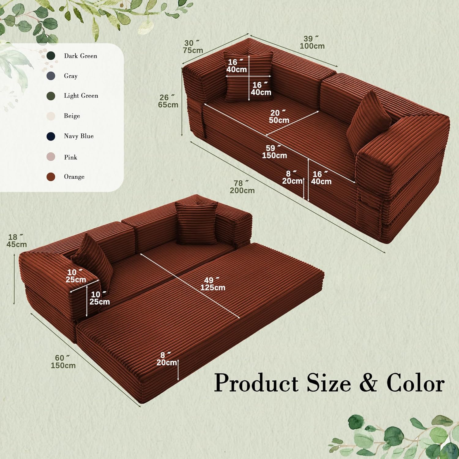 Sectional Boneless Couch Convertible Sofa Bed, 78'' Modular Sectional Sleeper Sofa with Removable Armrests & 3 Pillows, Small Floor Couch No Assembly Needed for Living Room, Office, Bedroom, Orange