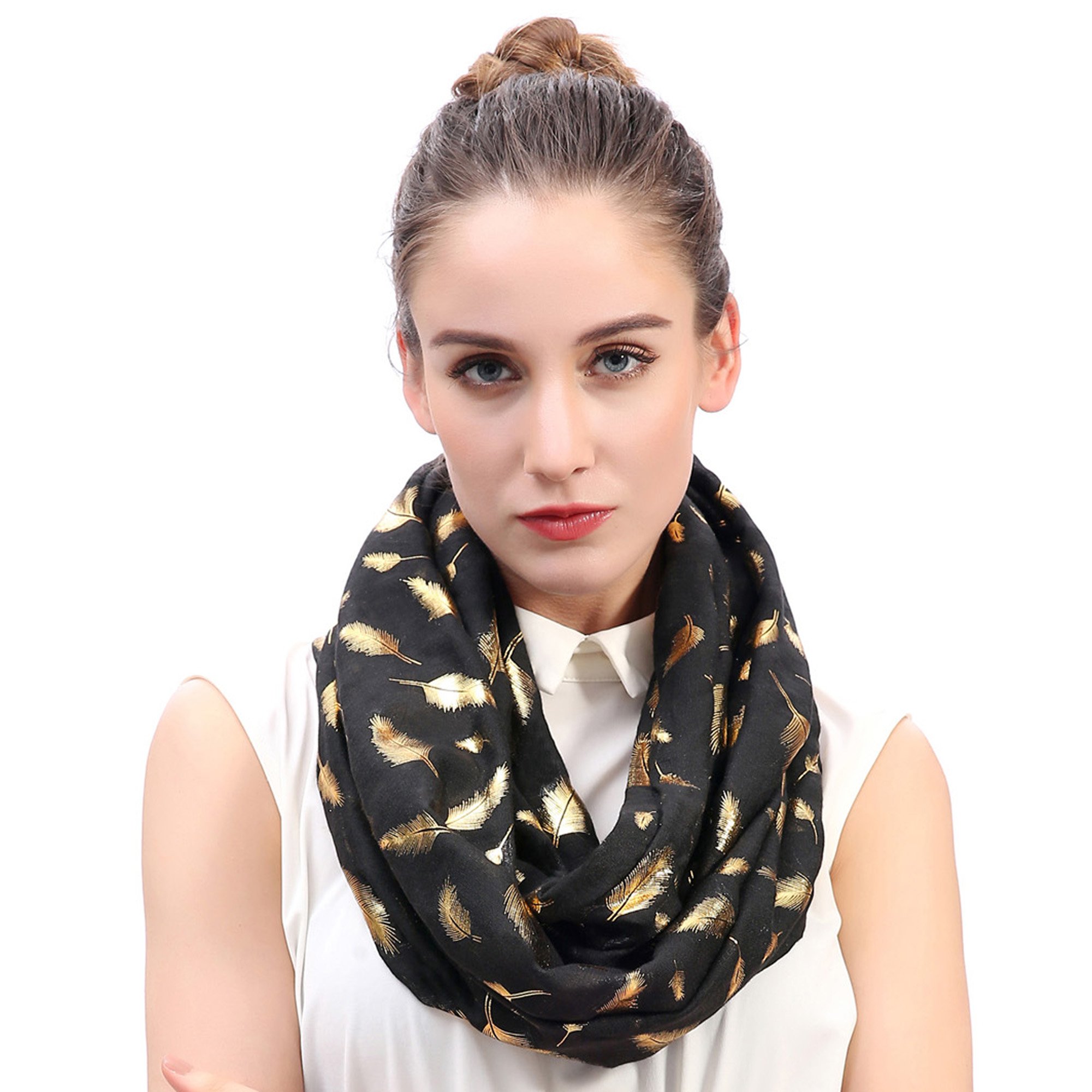 Lina & Lily Metallic Gold Feather Women's Infinity Loop Scarf