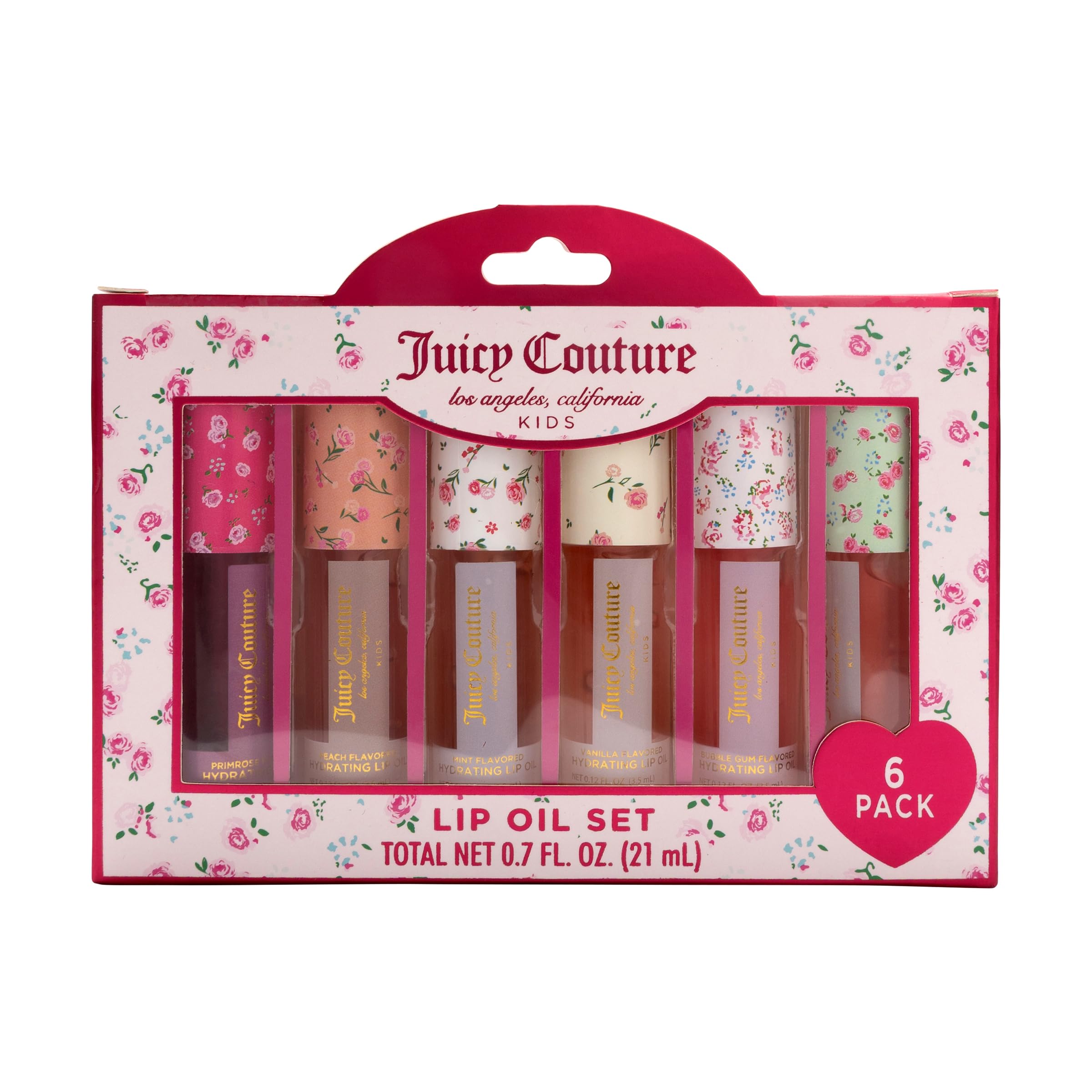 Juicy Couture Kids Hydrating Lip Oil Set, 6 Pack Floral Tubes, Tinted Lip Oil Gift Set for Girls and Tweens