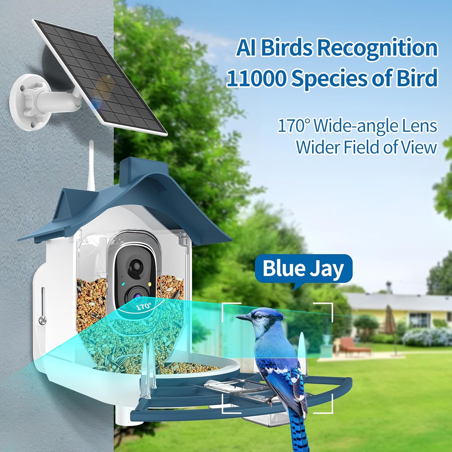 Bird Feeder with Camera,Smart Bird Feeder Camera with AI Identify Instant Notifications,FHD Live View,Birds Watching Camera with Solar Panel in Backyard,Ideal Gift for Family and Birds Lover,Navy Blue
