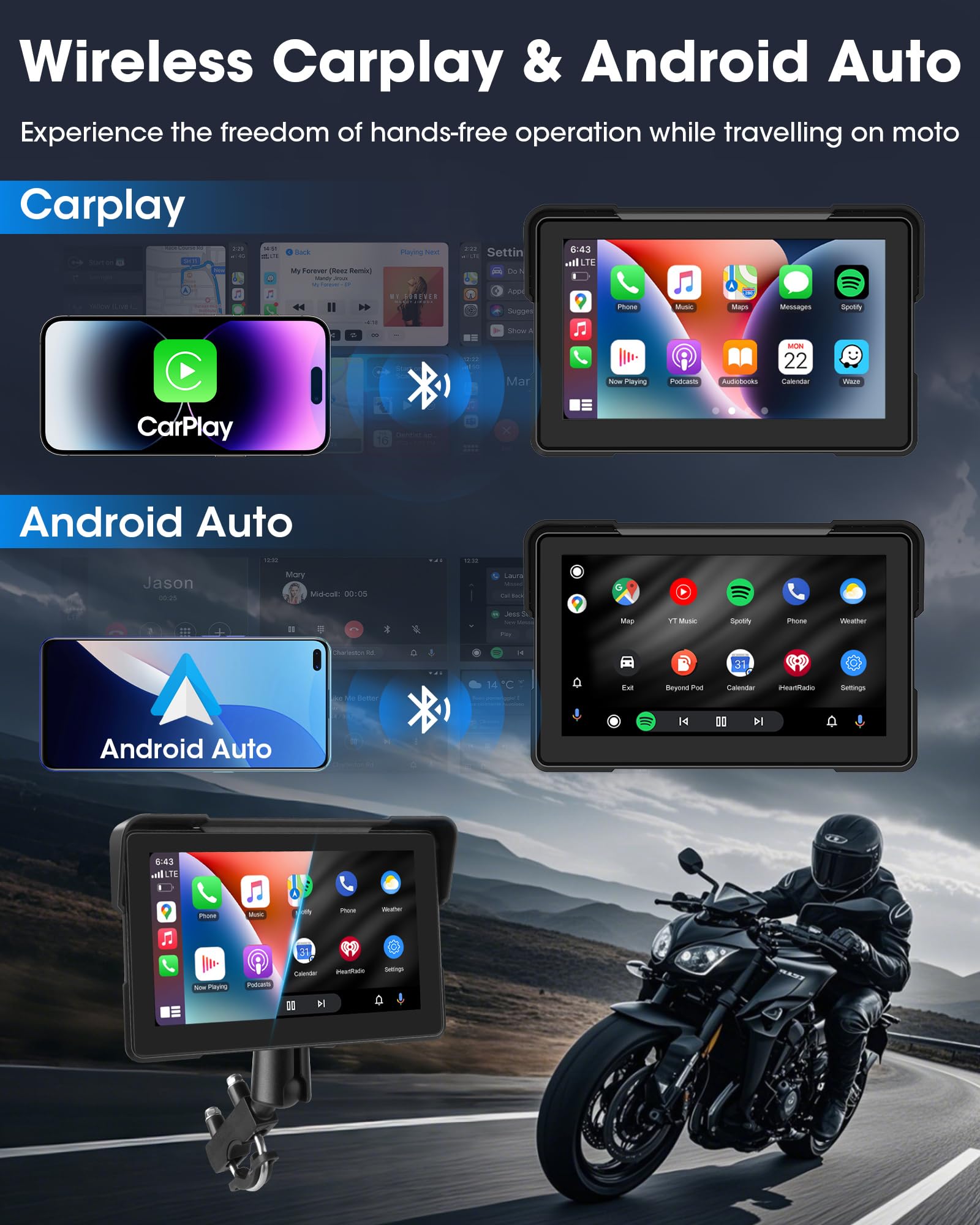 7" Motorrad Carplay Android Auto Dual Bluetooth Navigationsgeräte | Motorrad Display für Motorräder mit Siri, G-oogle Assistent, IP67 Wasserdicht für Pendelnde Fahrt
