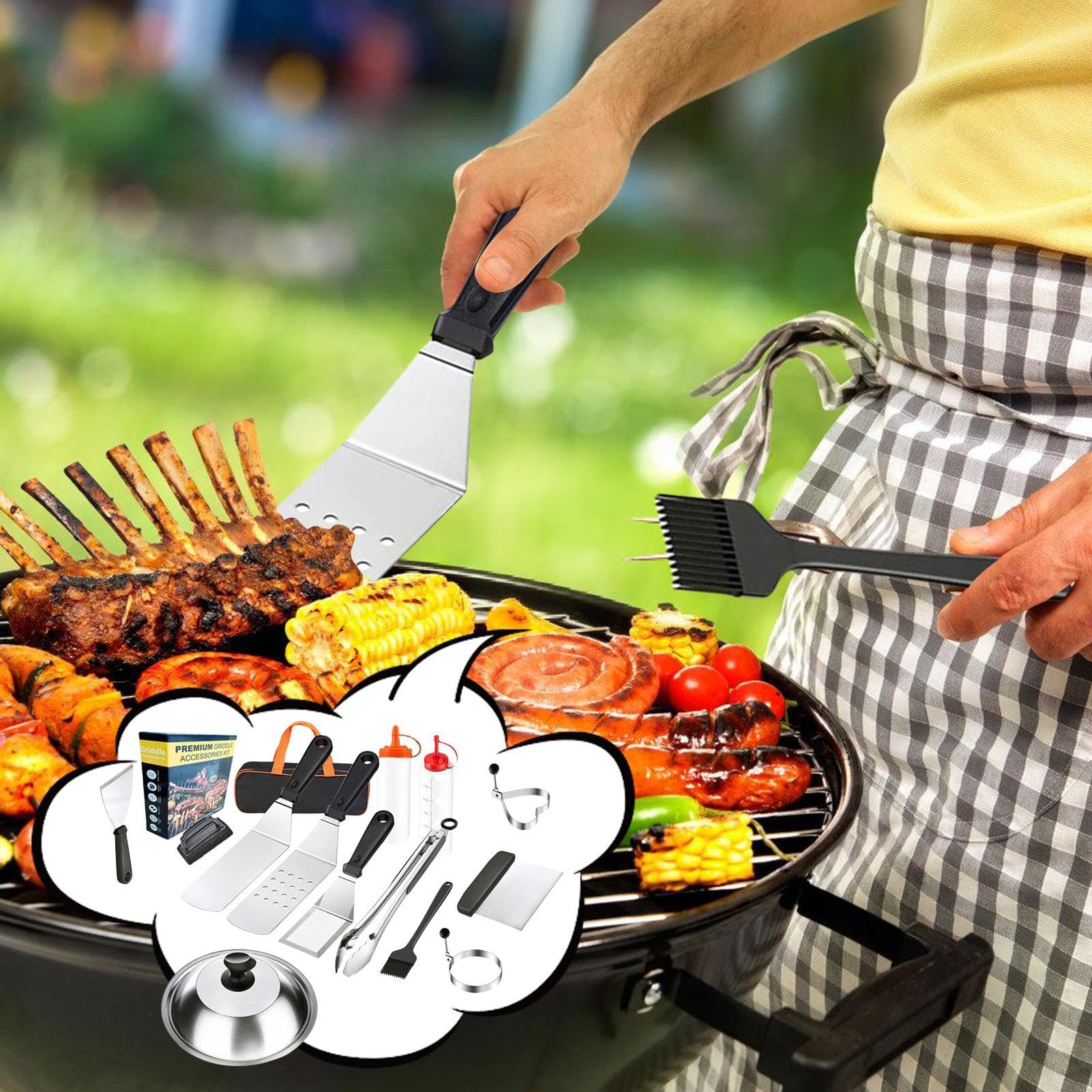Juego de barbacoa al aire libre, juego de herramientas para barbacoa con maletín, juego de barbacoa de acero inoxidable, utensilios de cocina para exteriores con accesorios completos para camping, | maletín, juego de barbacoa de acero inoxidable, utensili