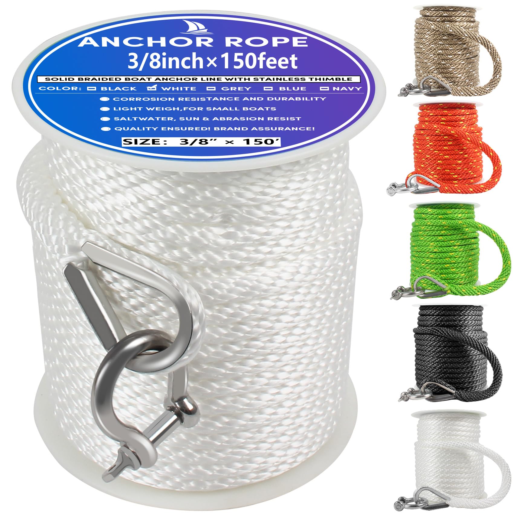 Premium Anchor Rope 150 ft x 3/8 inch, Solid Braid MFP Anchor Line Marine Rope with Thimble & Shackle - White — image 1