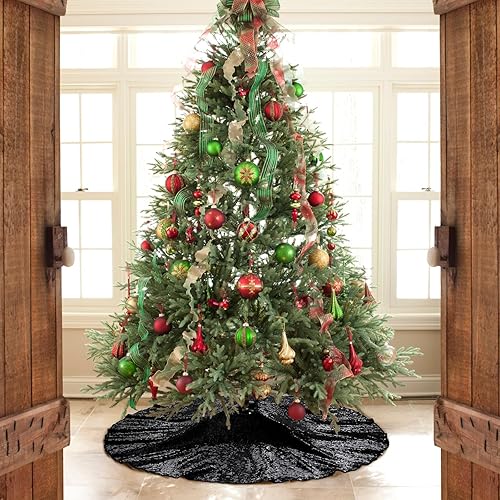 Miniatura 3 de Poise3EHome Falda negra para árbol de Navidad, tapete de árbol de Navidad de 50 pulgadas con lentejuelas para árbol de 9 pies, decoración de