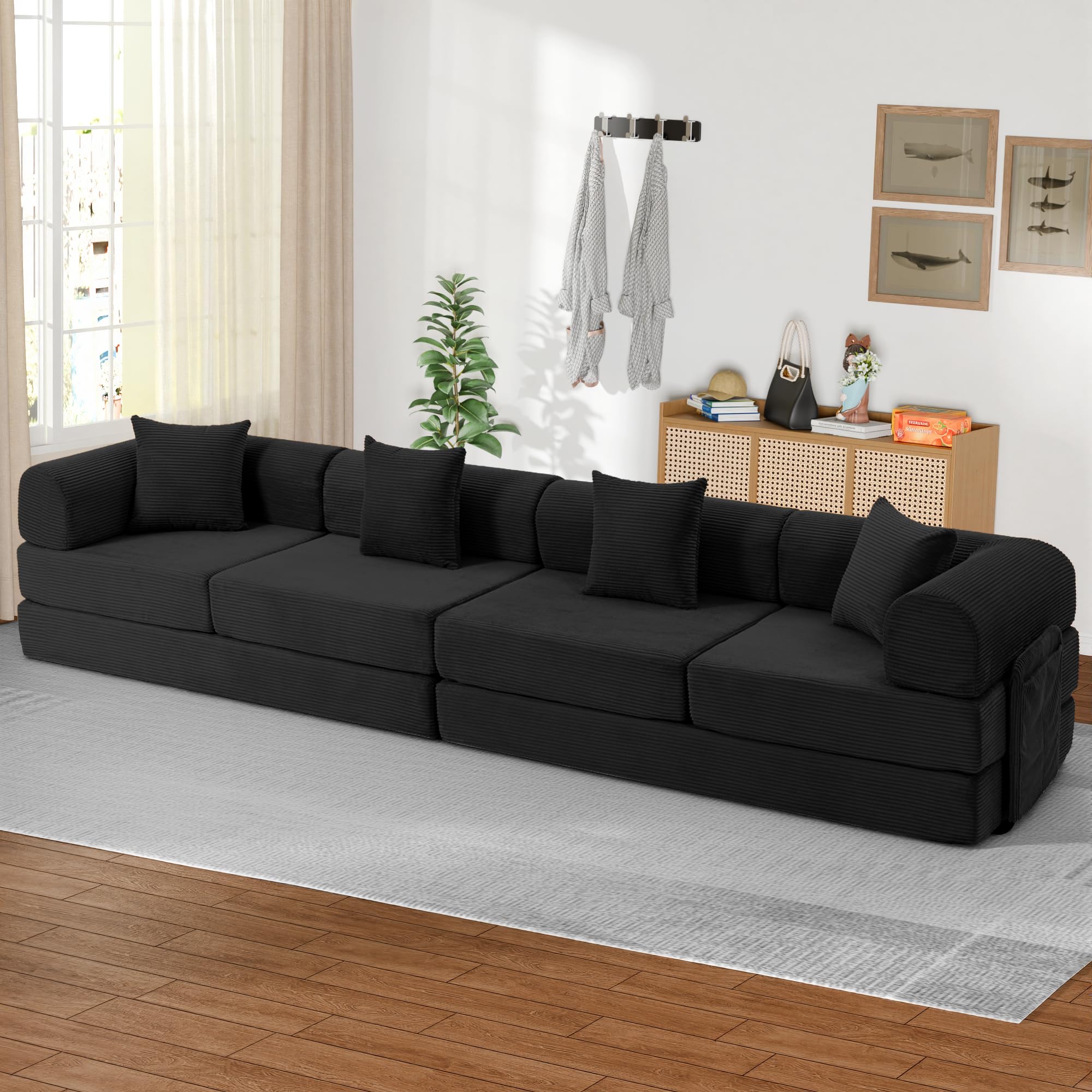 Trygoal 142" Oversized Modular Sectional Sofa Bed, 7-in-1 Convertible Corduroy Cloud Couch with Storage Bag & Reinforced Frame, Deep Seat Sectional