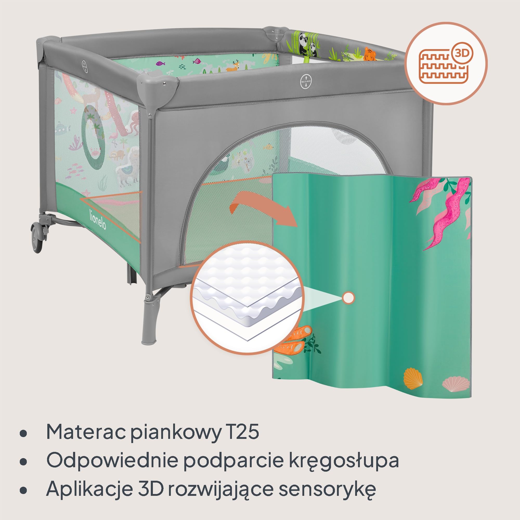 LIONELO Kojec dziecięcy MILLE PLUS do 15 kg 0-36 miesięcy, Boczne Wejście, Materac 3D, 2 Koła z Hamulcem Łatwe Składanie, Torba Transportowa
