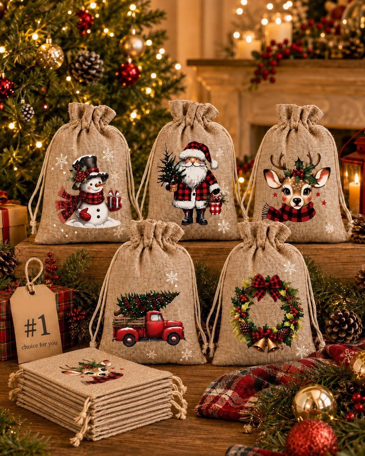 5-25 Pcs Small Christmas Gift Bags, Christmas Drawstring Gift Bags with 5 Festive Designs, Reusable Burlap Hessian Christmas Party Bags for Presents, Treats & Favours (10x15cm)，15pcs