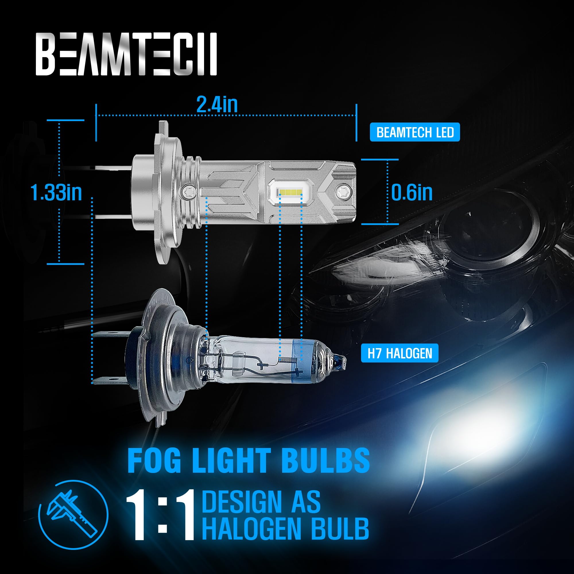 BEAMTECH Bombillas LED antiniebla H7, Plug and Play, no requiere adaptador, 6000 lm, 6500 K, blanco frío, reemplazo halógeno extremadamente brillante, paquete de 2