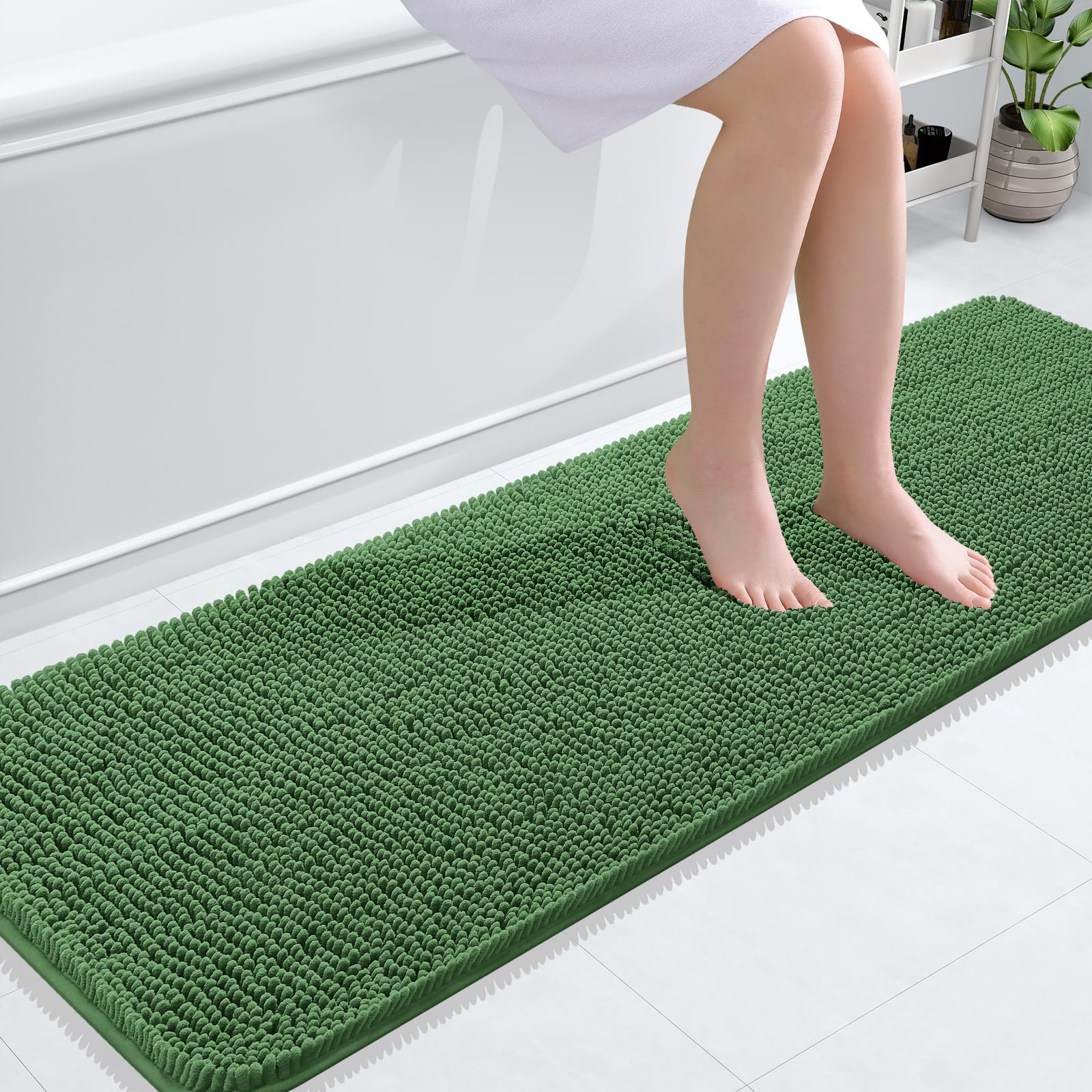 OLANLY Bathroom Runner Rugs 59x20, Extra Soft Absorbent Chenille Bath Rugs | Olive Green, Quick-Drying Rubber Backing, Washable Long Bath Mat for Bathroom Floor, Tub and Shower, Home Decor Accessories