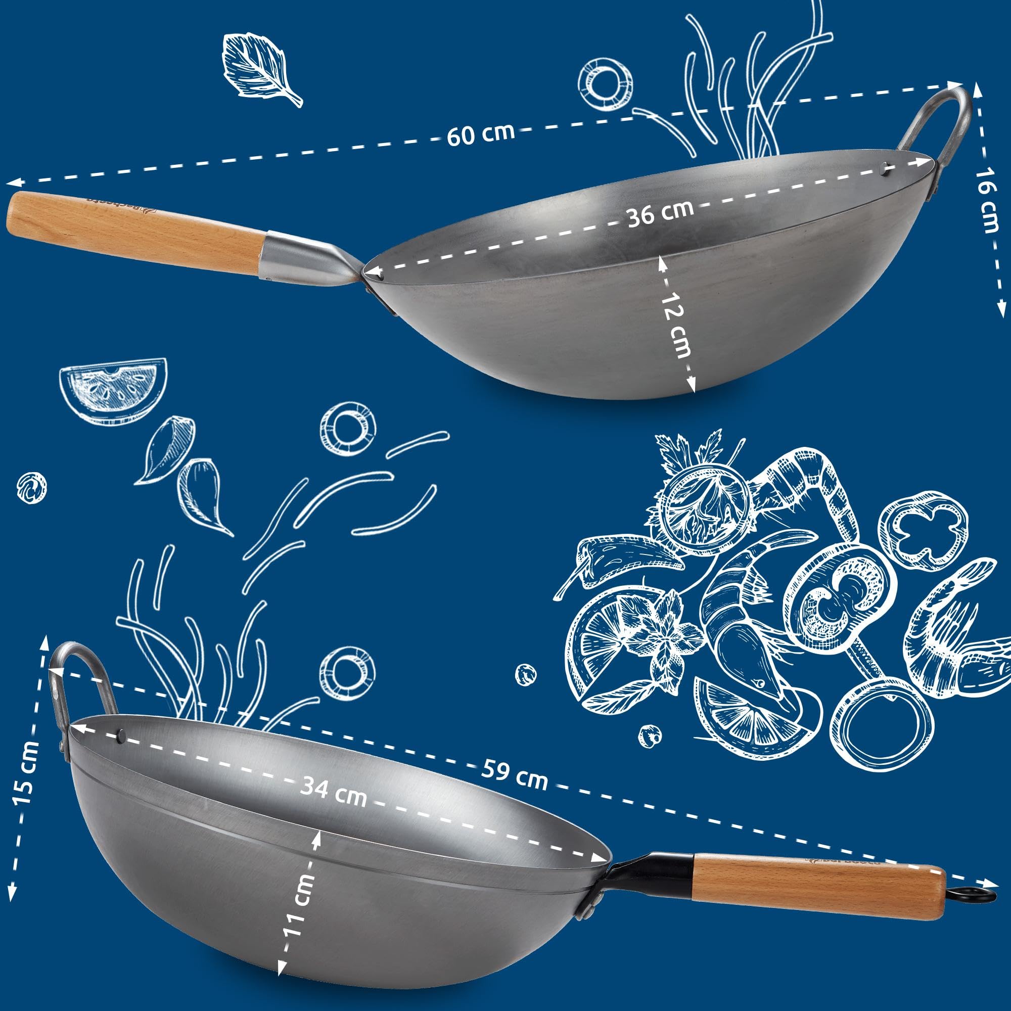 CLP Set wok in acciaio al carbonio I Base piatta o rotonda per gas, induzione e grill I Padella wok con manico in legno, ricettario e pala wok, Forma:piatto