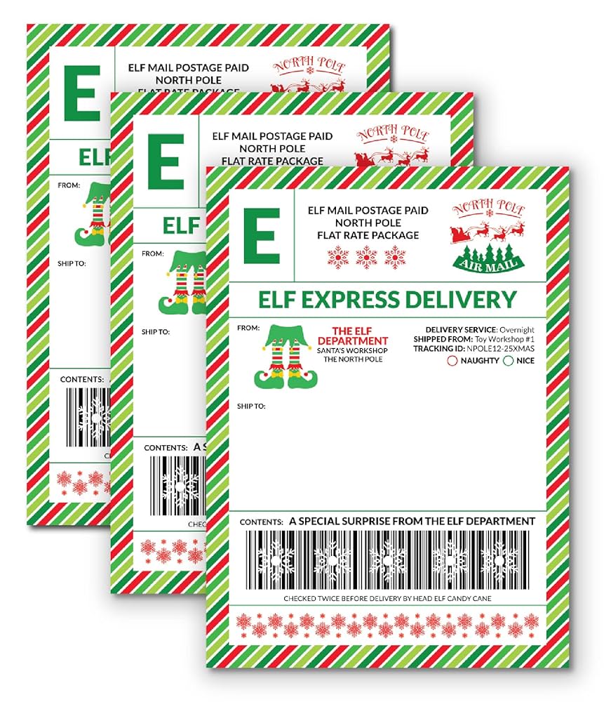 amazon-com-15-elf-express-delivery-mail-shipping-labels-from-the-north-pole-gift-tag-5-x-7-early-of-late-arrival-package-or-surprise-gift-from-santa-clause-fun-magical-holiday-tradition for Free Printable Elf Shipping Label Amazon.com: 15 Elf Express Delivery Mail Shipping Labels from The North Pole Gift Tag 5 x 7