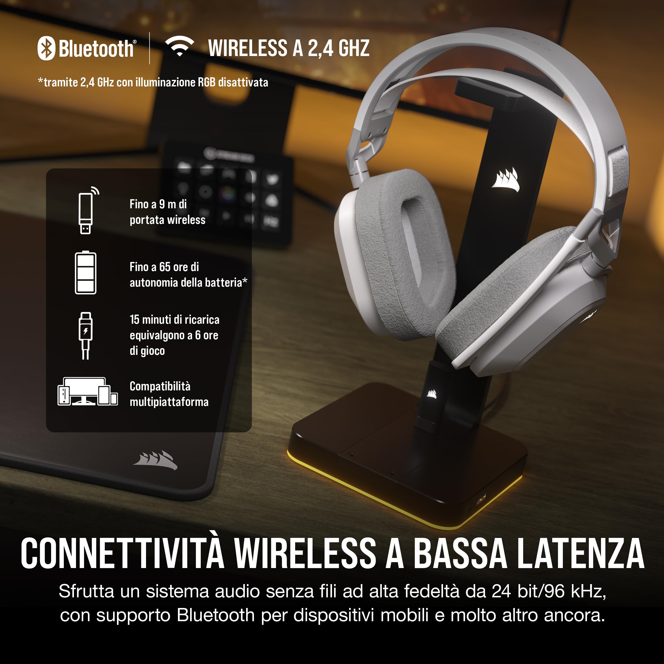 CORSAIR HS80 MAX Cuffie da Gioco Multipiattaforma Senza Fili con Bluetooth - Dolby Atmos - Microfono omnidirezionale - Compatibile iCUE - PC, Mac, PS5, PS4, Nintendo Switch, Mobile - Bianco