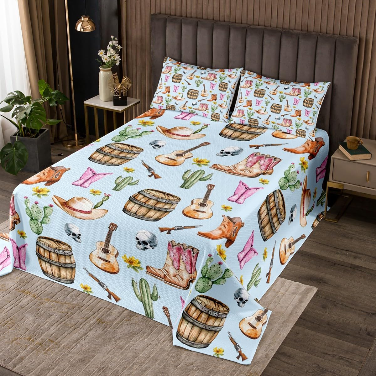 jejeloiu Blue Western Aztec Coverlet Set for Kids Boys Girls Cowgirl Boots Quilted Coverlet Twin Size Wild Cowboy Hat Cactus Tribal Vintage Guitar Bedspread Room Decor