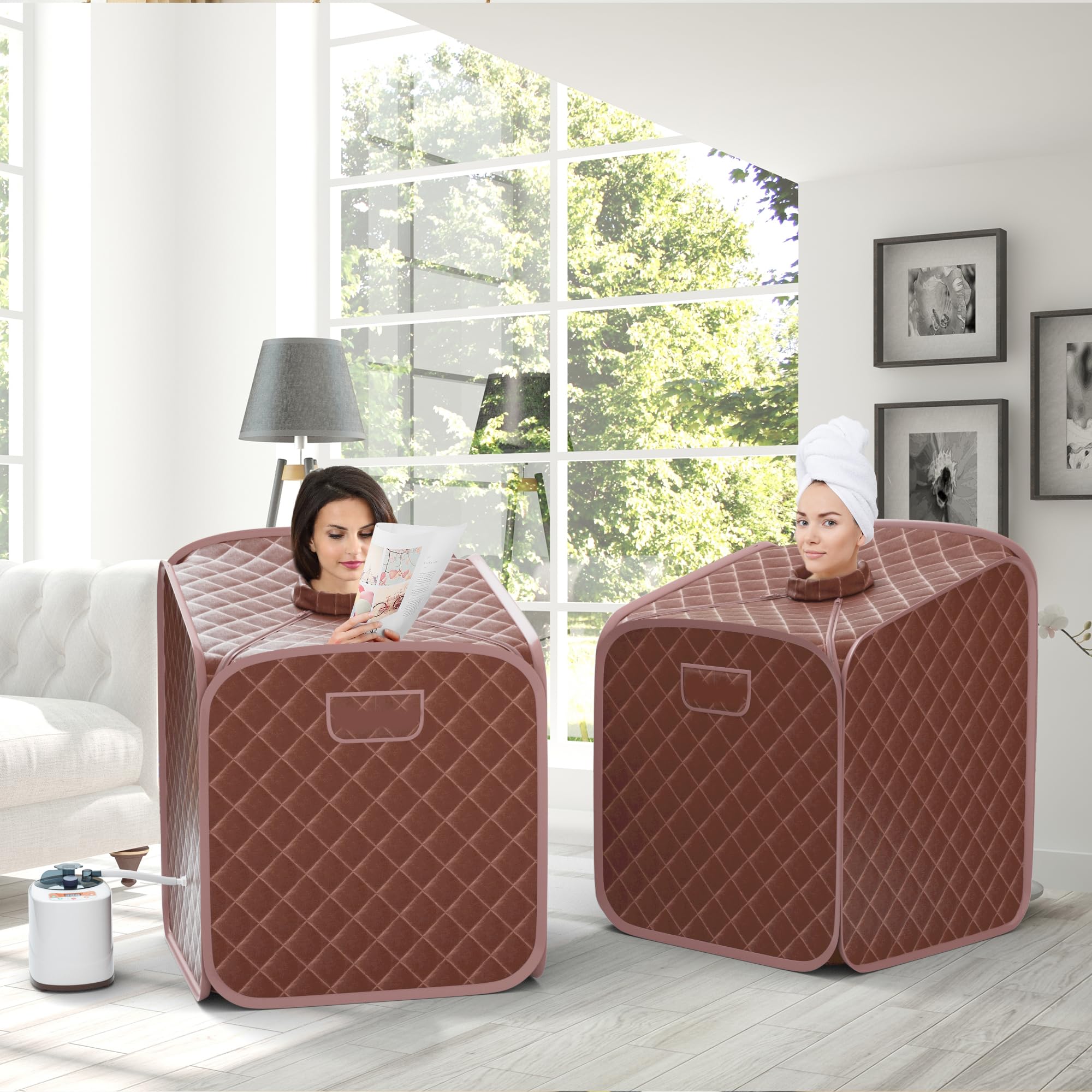 HOMASIS Sauna à Vapeur Portable, Tente de Sauna Chauffante Mobile avec Générateur de Vapeur 2L,Télécommande,Température et Minuterie,Chaise Pliante et Appareil de Massage des Pieds (marron)