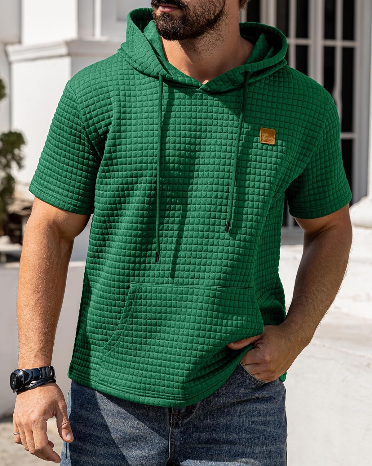 Aiyino Men's Hoodies Pullover Casual Short Sleeve Drawstring Waffle Knit Hooded Sweatshirt with Kanga Pocket - Image 3