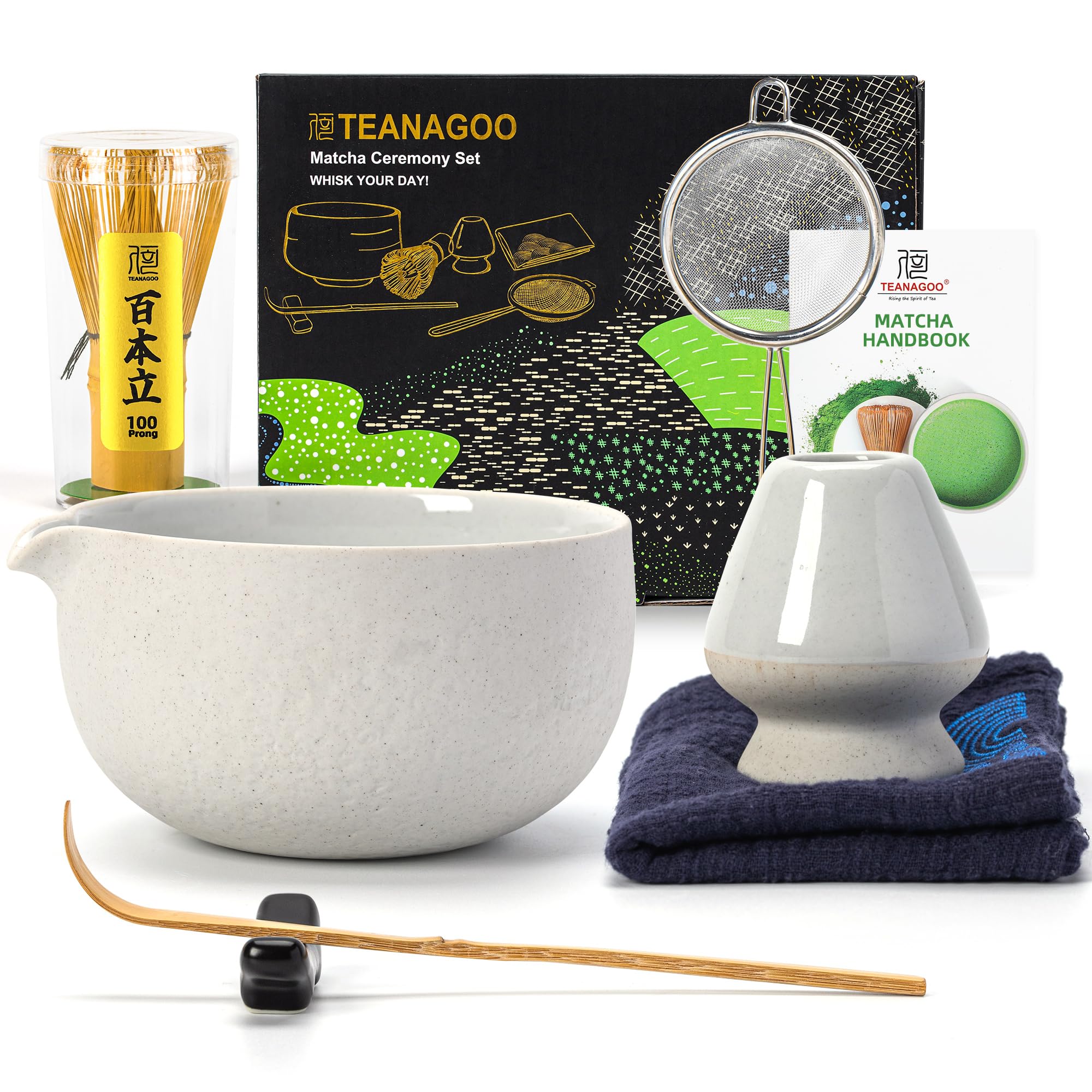 TEANAGOO Matcha Whisk,7 Pcs Matcha Set Lt.Grey,Matcha Kit for Ceremony,Matcha Tea Set for Making Breakfast/Latte,Matcha Whisk Set and Bowl with All Accessories,Gift for Matcha Lover/Friend/Family