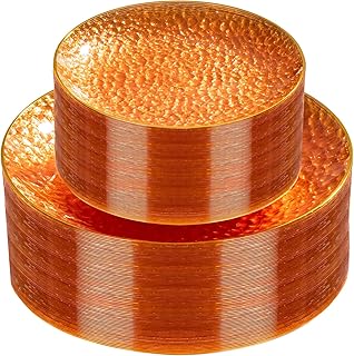 60Pcs Orange Plastic Plates, Orange Disposable Plates With Gold Rim, Hammered Plastic Plates Include 30 Dessert Platos, 30 Dinner Platos for Party, Thanksgiving