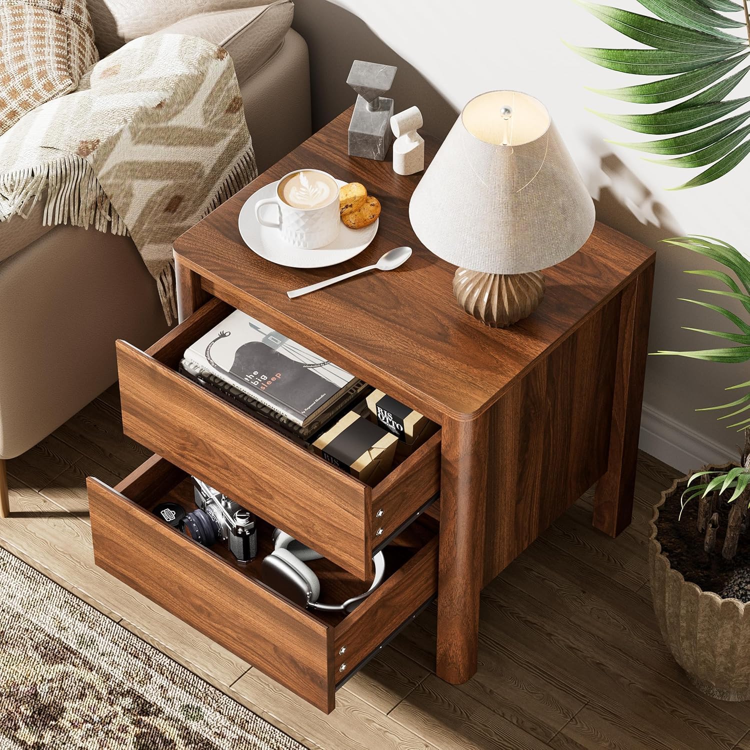 Walnut Mid-Century Modern 3 Piece Bedroom Furniture Set, 5 Drawer Dresser with Handleless Wood Grain Design and Nightstands Set of 2, Minimalist Storage Dresser for Bedroom