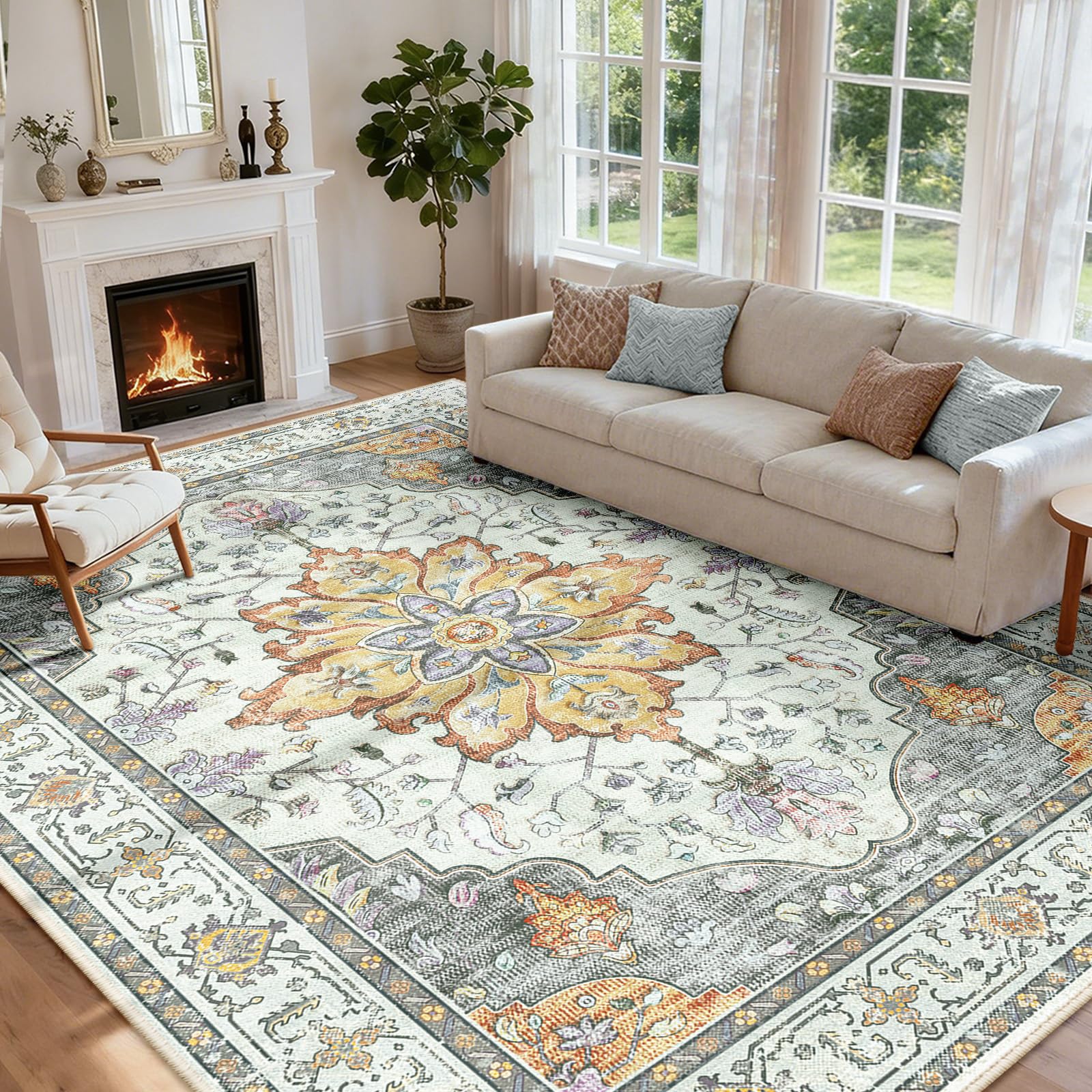 INOVADAY Vintage Waschbarer Teppich Wohnzimmer Boho Kurzflor rutschfest Teppich Weich Teppiche mit Druckmuster für Schlafzimmer, Esszimmer, Büro