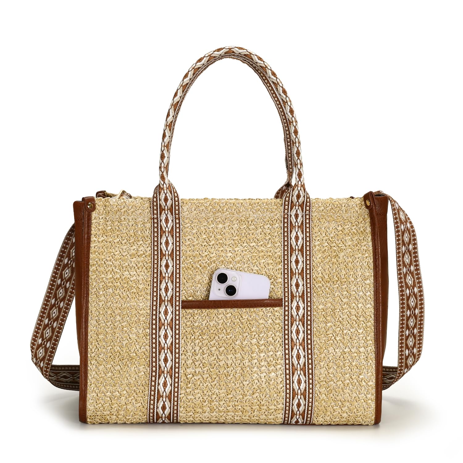 Herald Straw Beach Tote Bag for Women, Summer Boho Handmade Woven Shoulder Purse Handabg with Adjustable Wide Strap